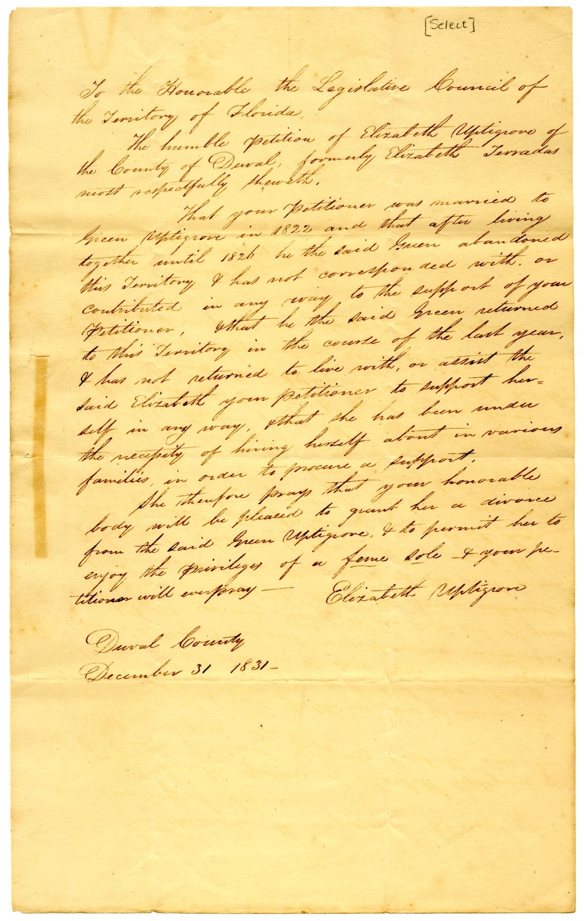 Divorce Petition of Elizabeth Uptigrove with Supporting Affidavits, 1831