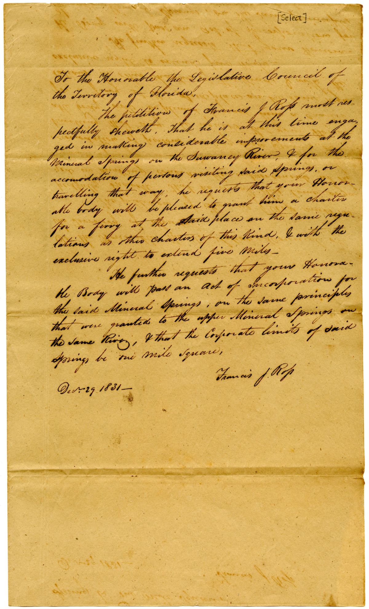 Petition of Francis J. Ross Requesting the Incorporation of Mineral Springs and a Ferry, 1831