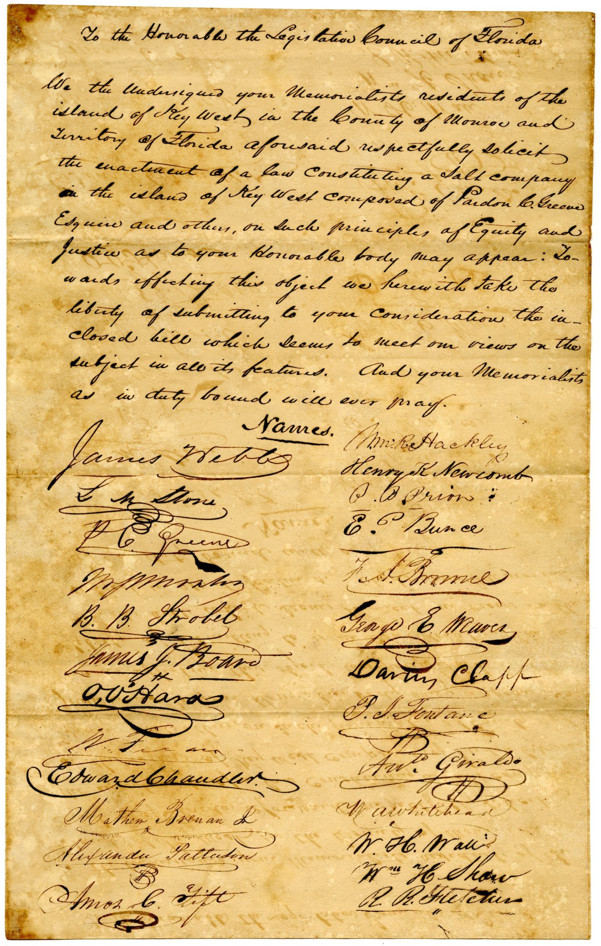 Petition of Citizens of Key West Requesting the Incorporation of a Salt Company, circa 1832