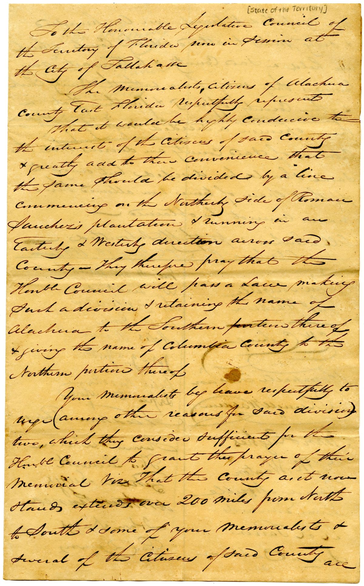 Petition of Citizens of Alachua County Requesting a Partition of the County, 1832