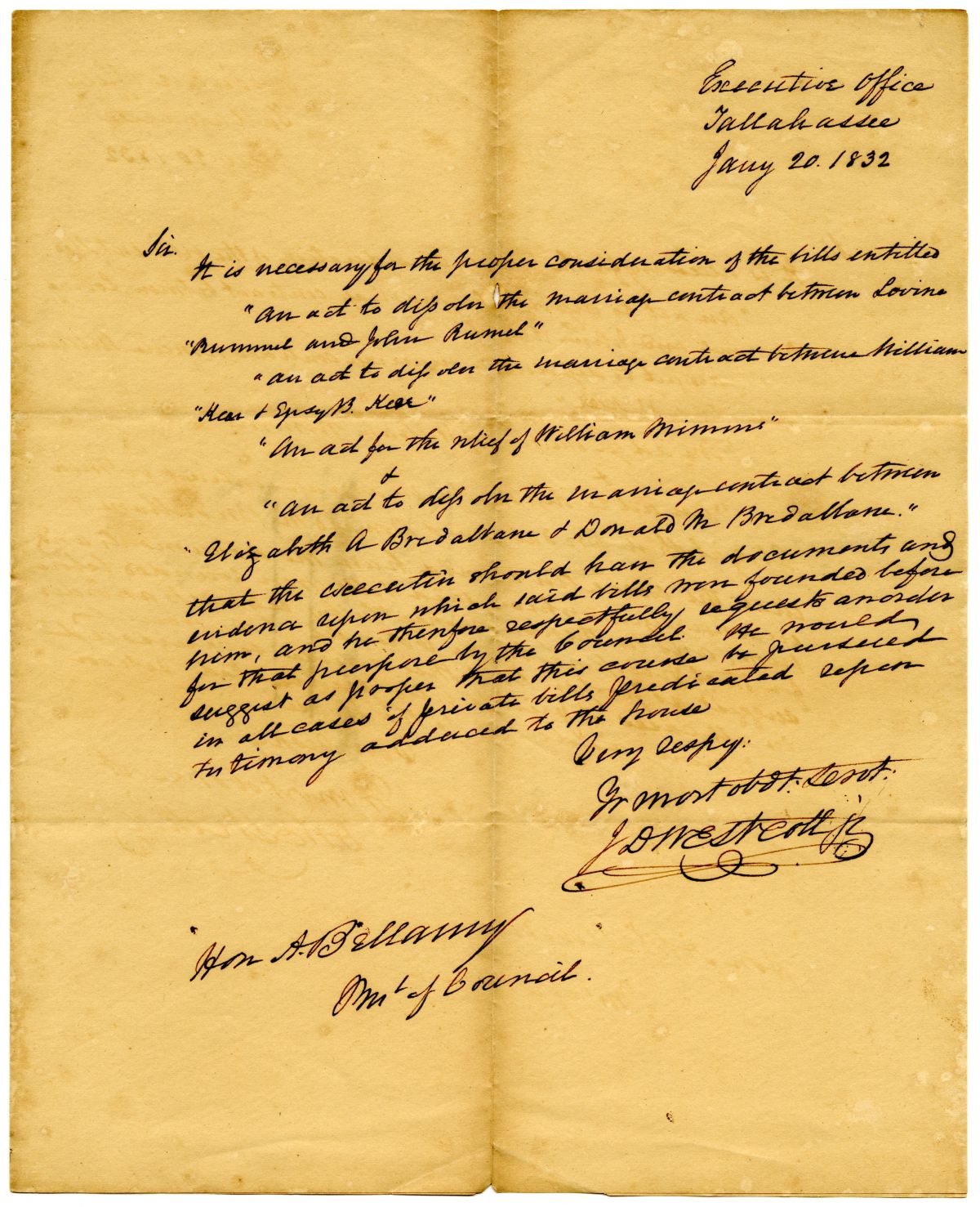 Letter from Acting Governor James D. Westcott to the Territorial Legislative Council Concerning Evidence for Divorce Bills, 1832