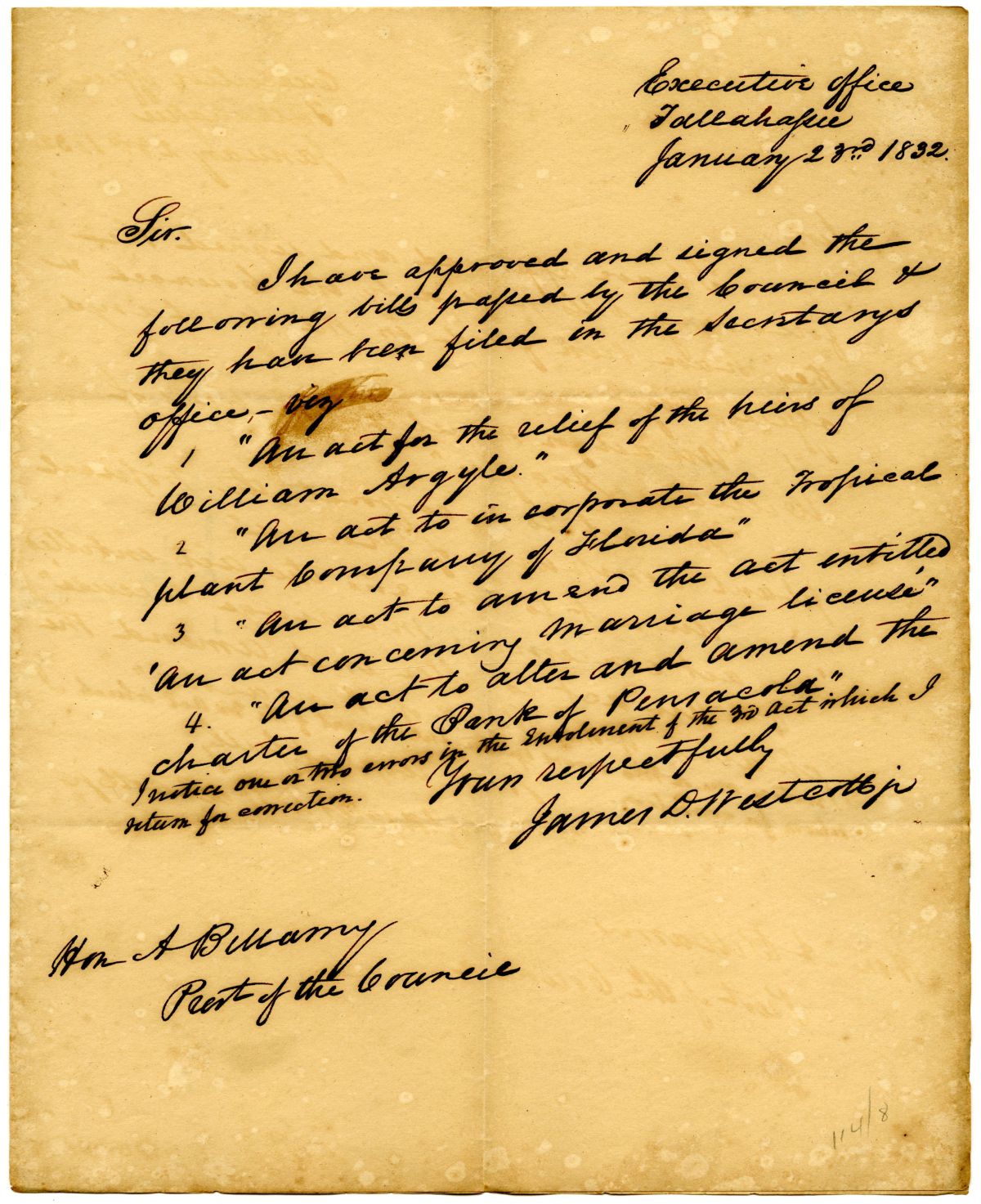 Letter from Acting Governor James D. Westcott to the President of the Territorial Legislative Council Concerning Signed Bills, 1832