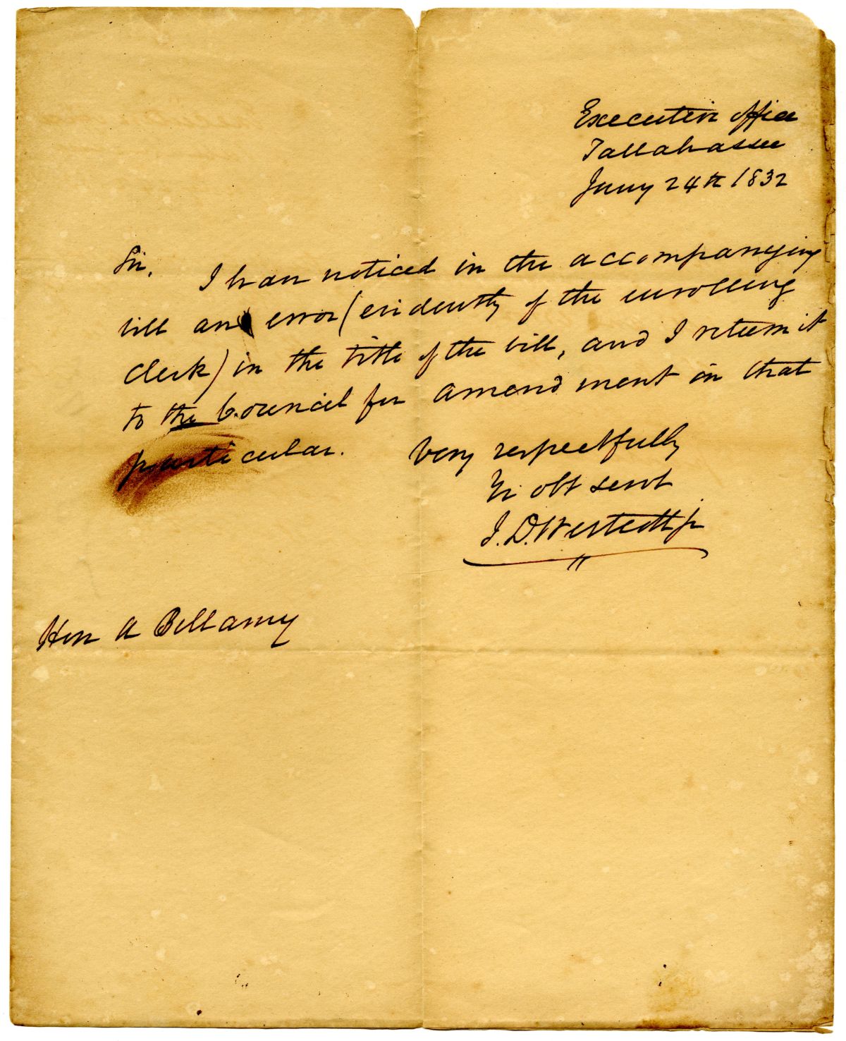 Letter from Acting Governor James D. Westcott to the President of the Territorial Legislative Council Correcting an Error in a Bill, 1832