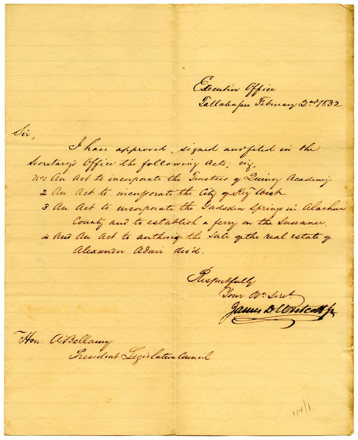 Letter from Acting Governor James D. Westcott to the President of the Territorial Legislative Council Approving Four Bills, 1832