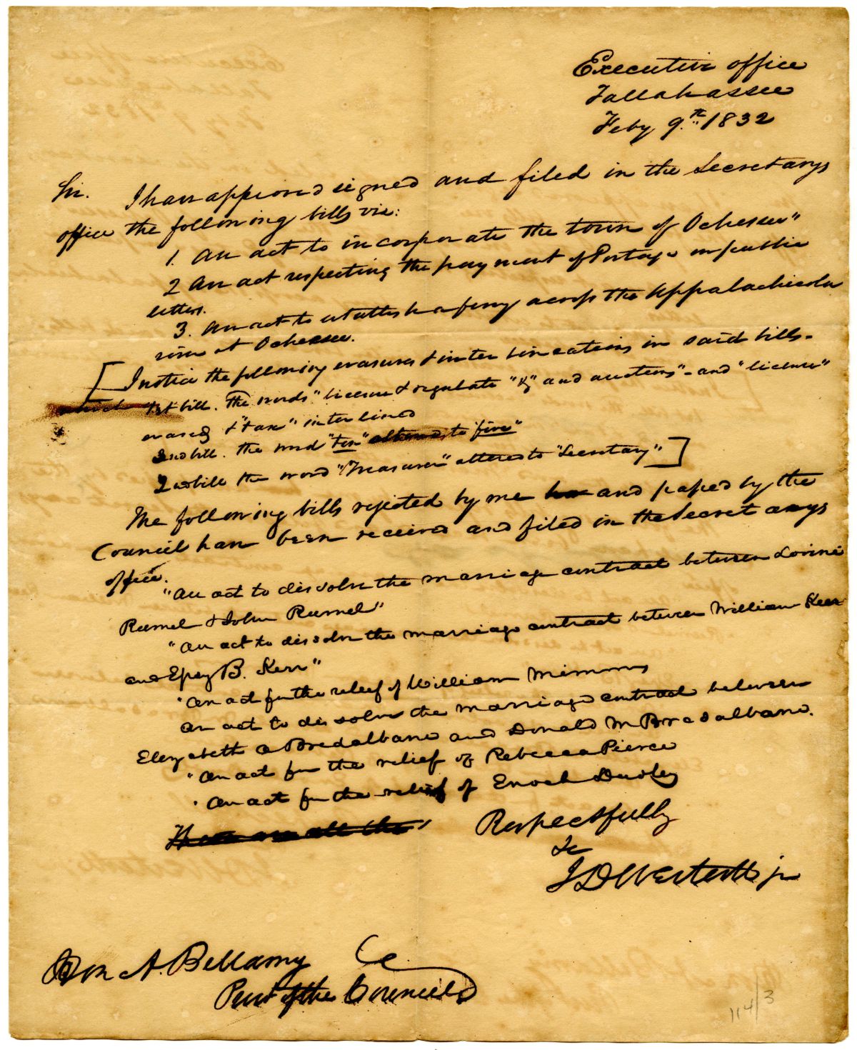 Letter from Acting Governor James D. Westcott to the President of the Territorial Legislative Council Concerning Several Bills, 1832