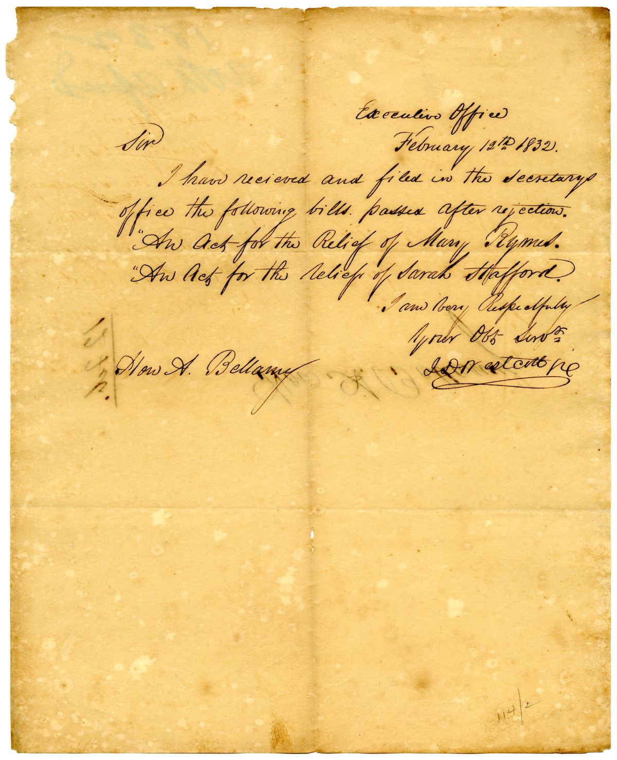 Letter from Acting Governor James D. Westcott to the President of the Territorial Legislative Council Filing Two Relief Bills, 1832