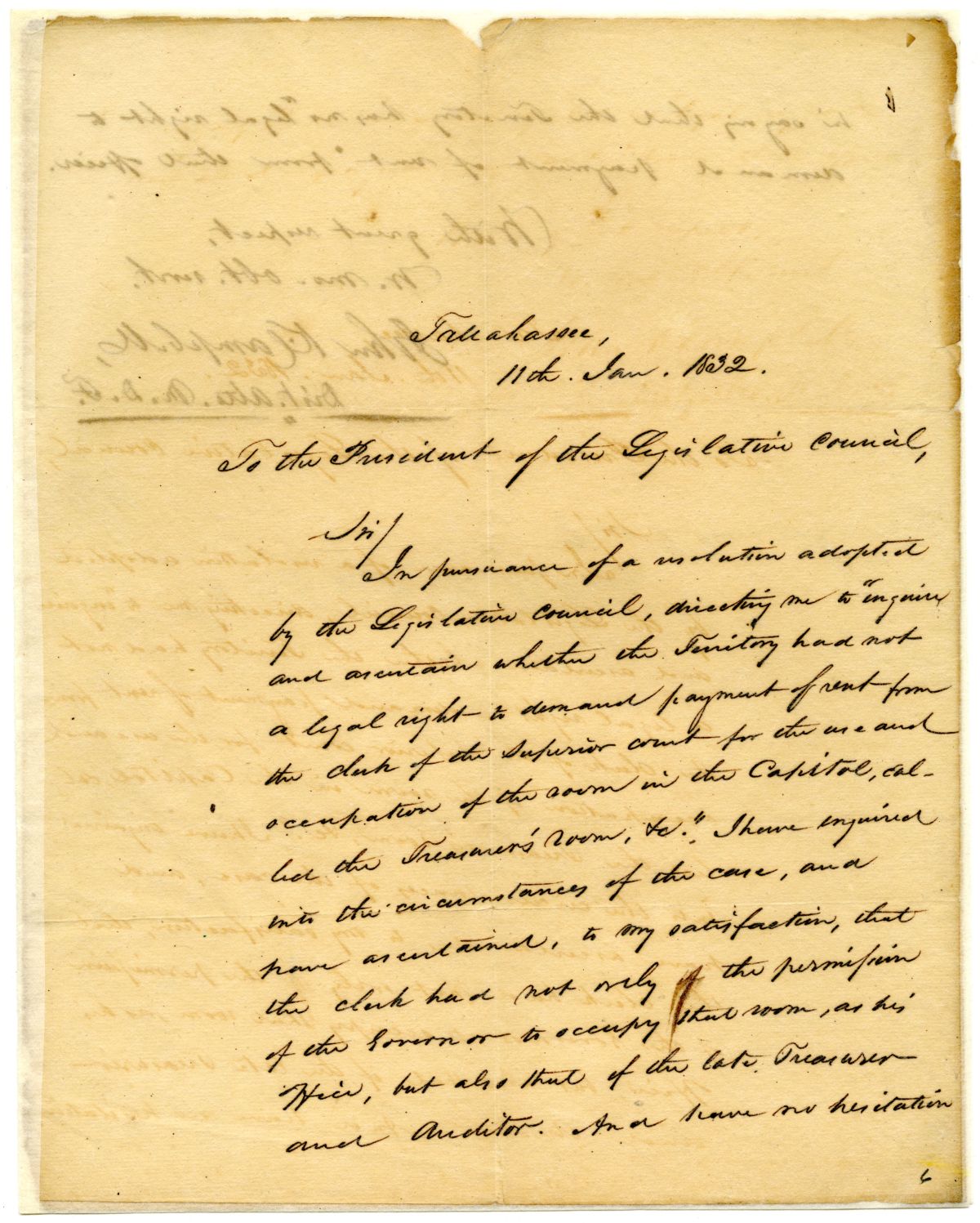 Letter from John K. Campbell to the President of the Territorial Legislative Council Concerning a Resolution, 1832