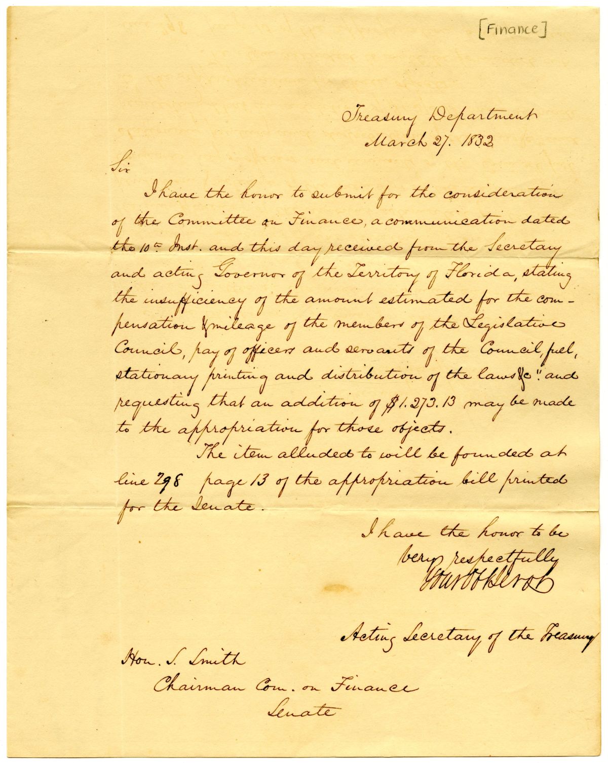 Letter from the Acting Secretary of the Treasury to the Chairman of the Finance Committee Concerning Expenses, 1832