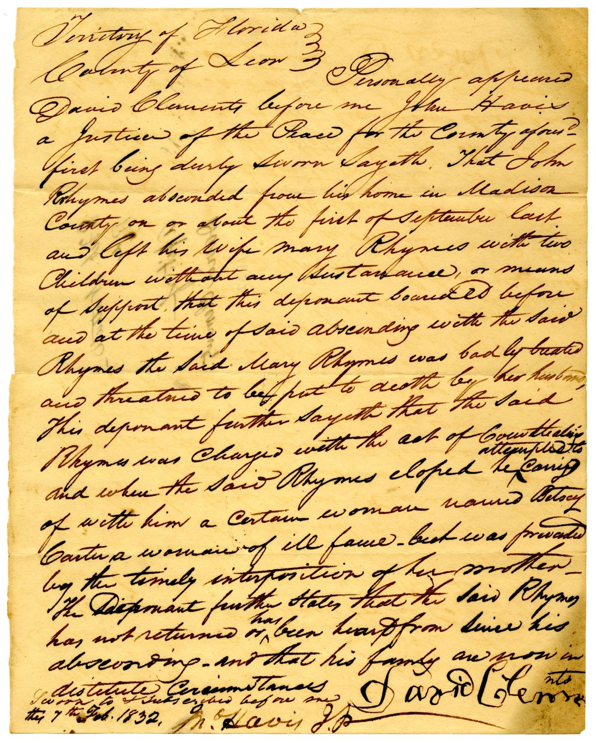 Affidavit of David Clements Attesting that John Rhymes Abandoned His Wife, 1832