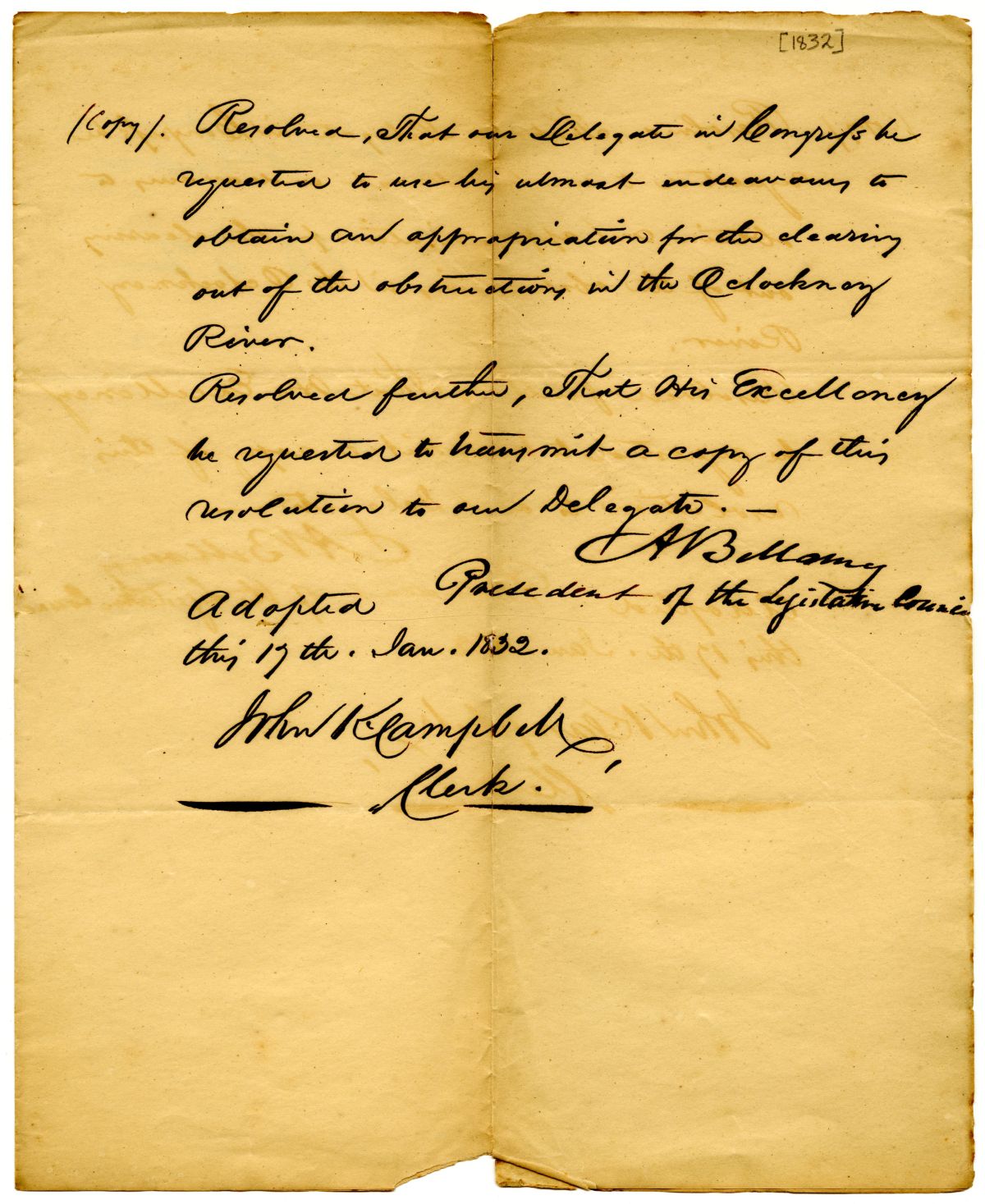 Resolution Requesting that the Delegate in Congress Obtain an Appropriation for Clearing the Ochlockonee River, 1832