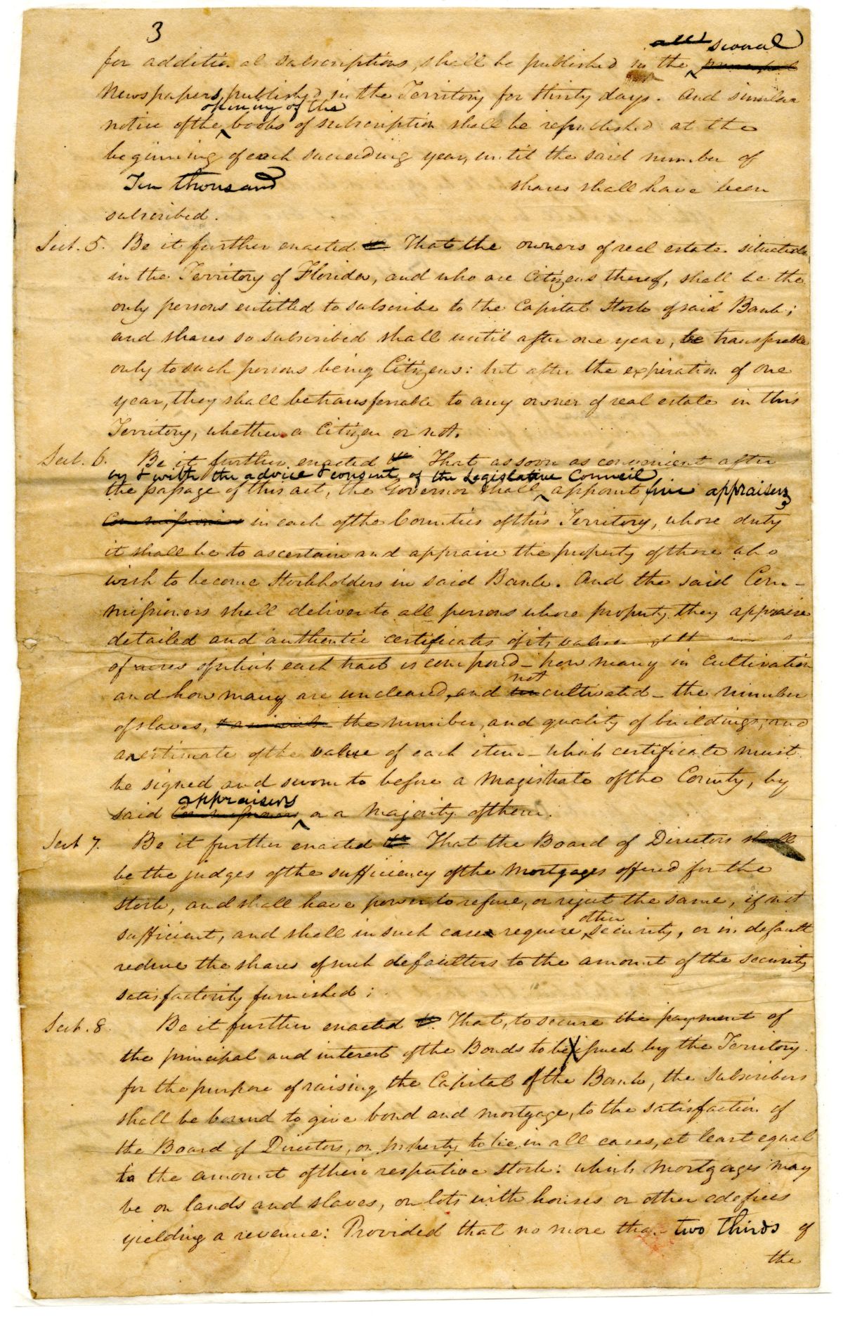 Draft of an Act to Incorporate the Subscribers to the Union Bank of Florida, 1833