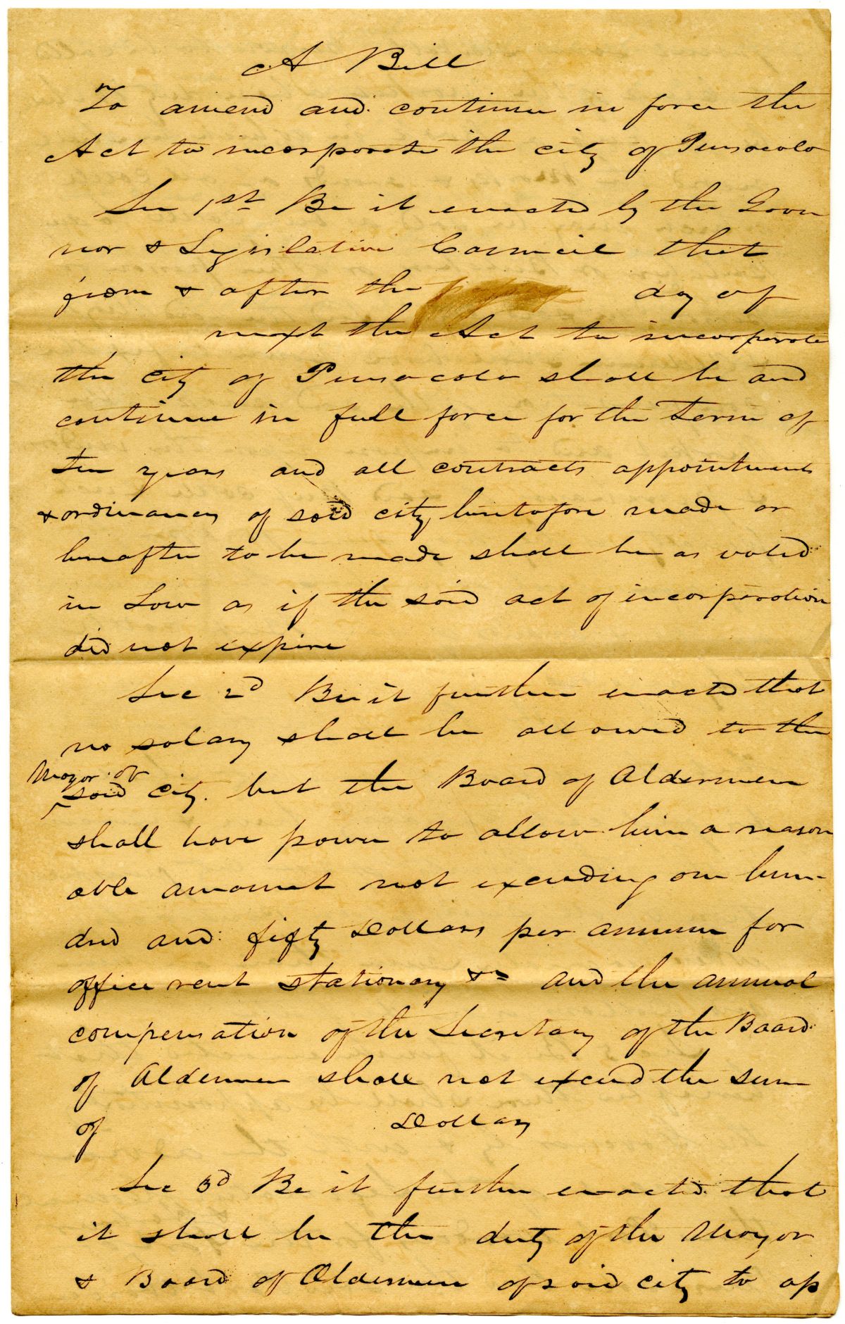 Draft of an Act to Amend and Continue in Force the Act to Incorporate the City of Pensacola, 1833