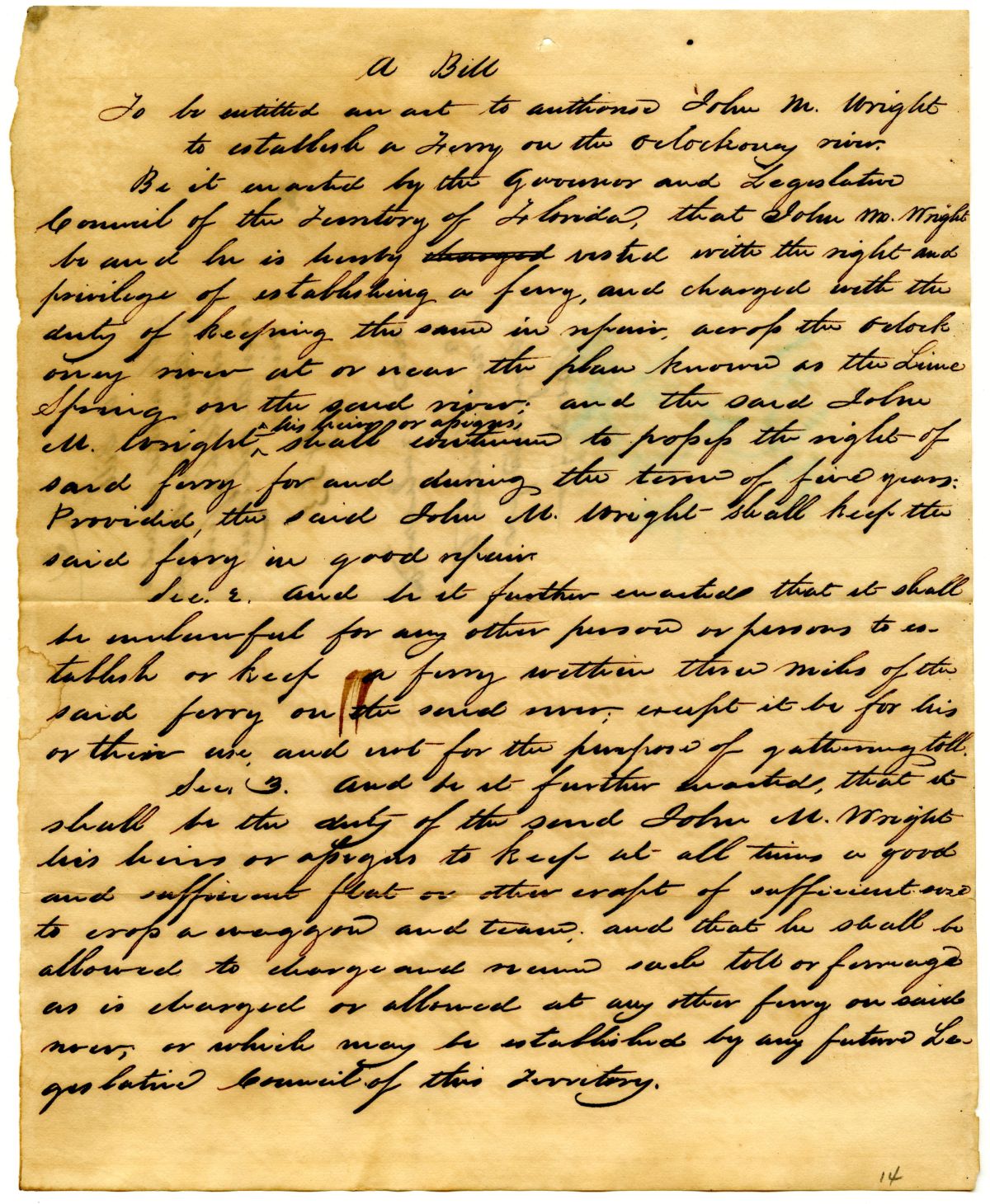 Draft of an Act to Authorize John M. Wright to Establish a Ferry on the Ochlockonee River, 1833