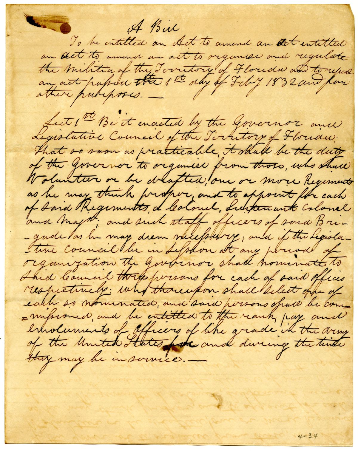 Draft of an Act to Amend an Act to Organize and Regulate the Militia of the Territory of Florida, circa 1833