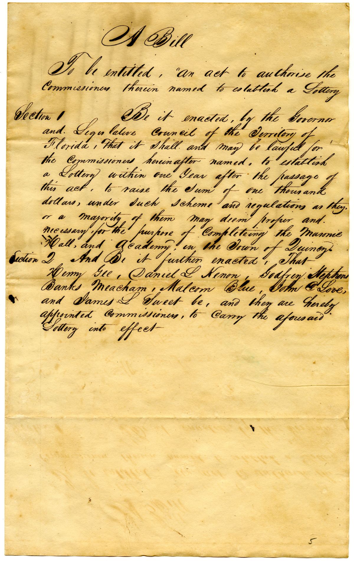 Draft of an Act to Authorize Commissioners to Establish a Lottery to Fund the Quincy Academy, 1834