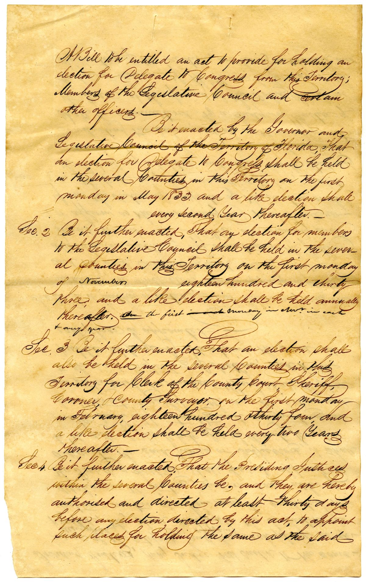 Draft of an Act to Hold Elections for Delegate, Councilmen and Other Officers, 1833