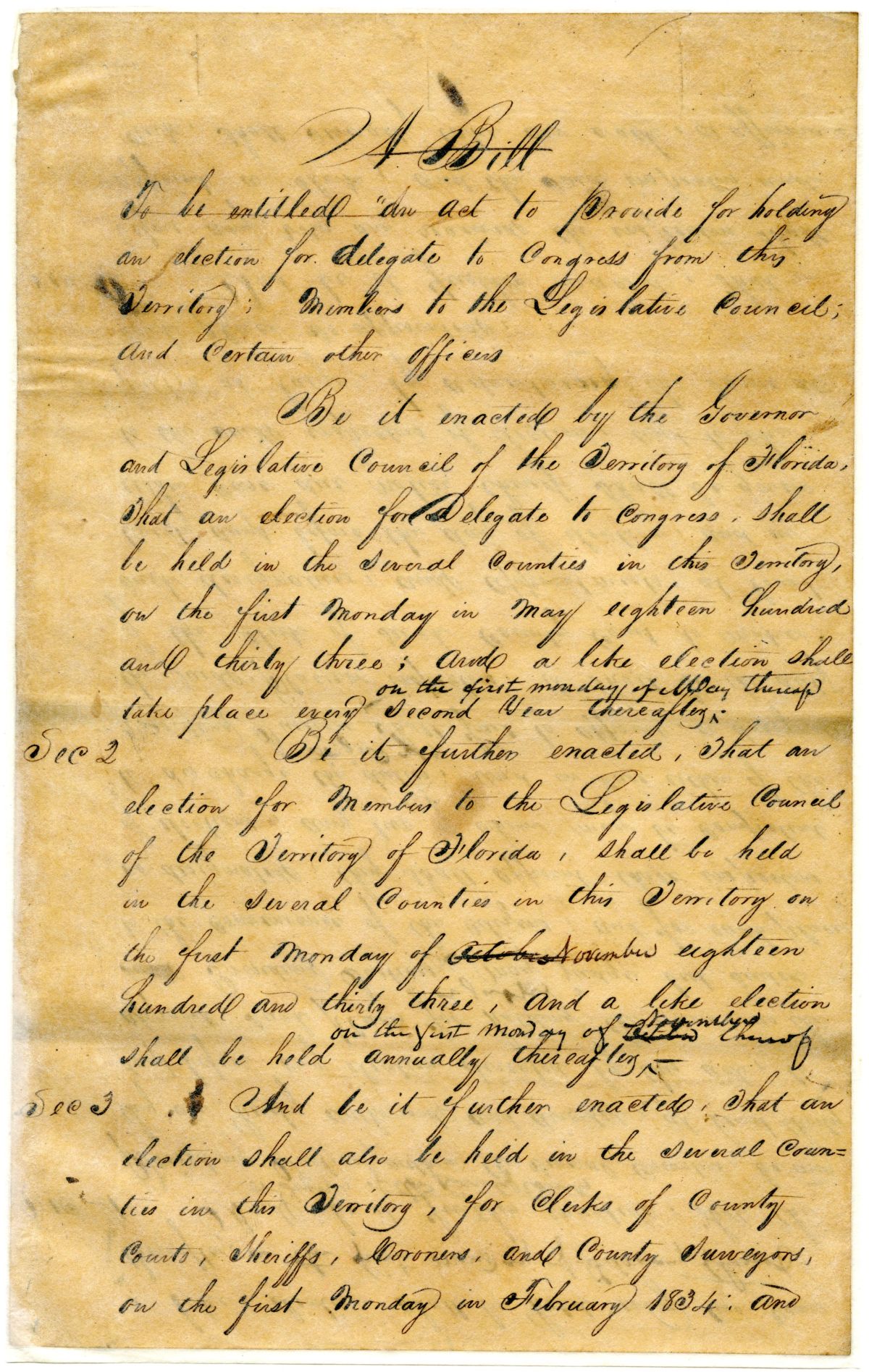 Draft of an Act to Hold Elections for Delegate, Councilmen and Other Officers, 1833