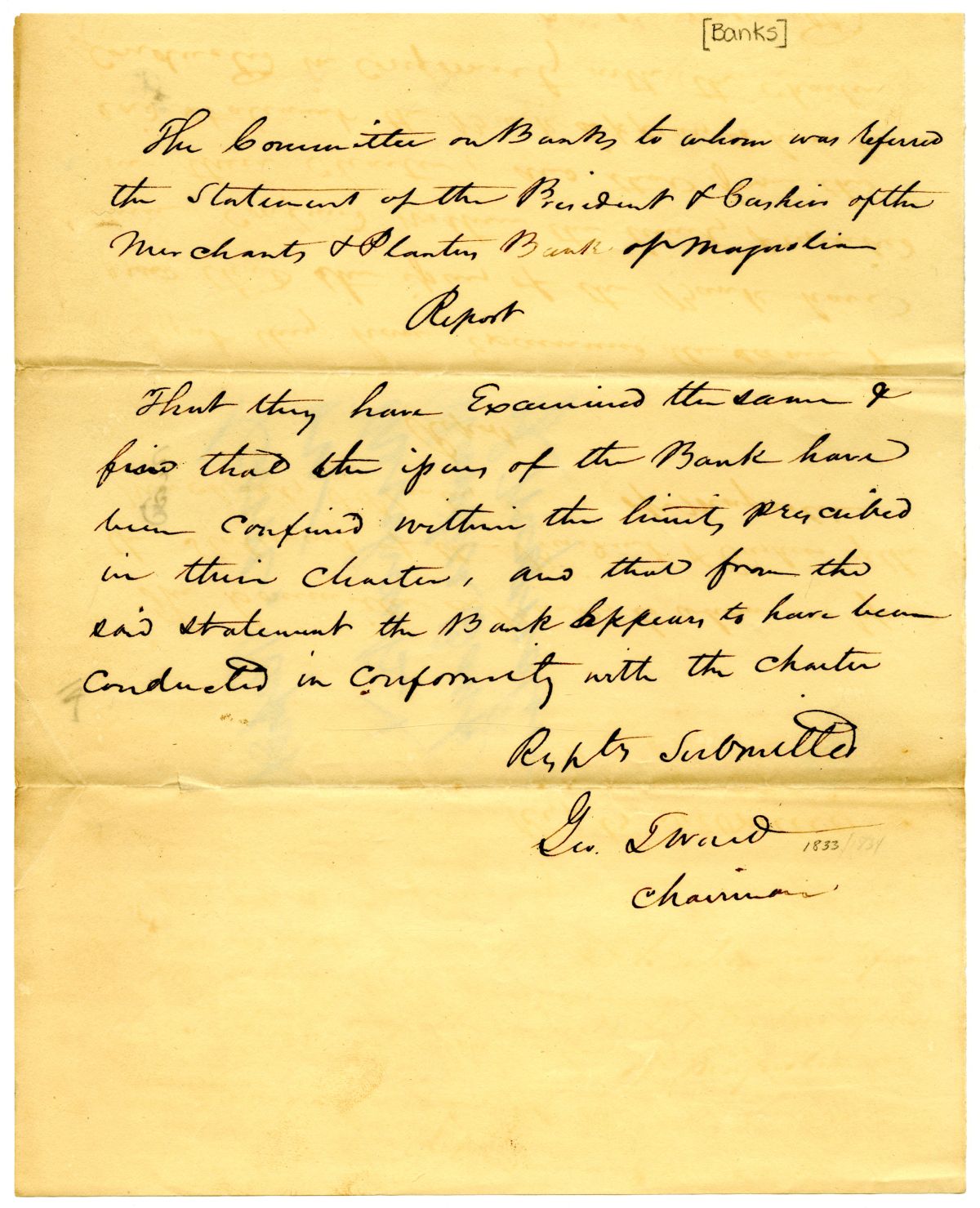 Report of the Committee Examining the Merchants and Planters Bank of Magnolia, circa 1833