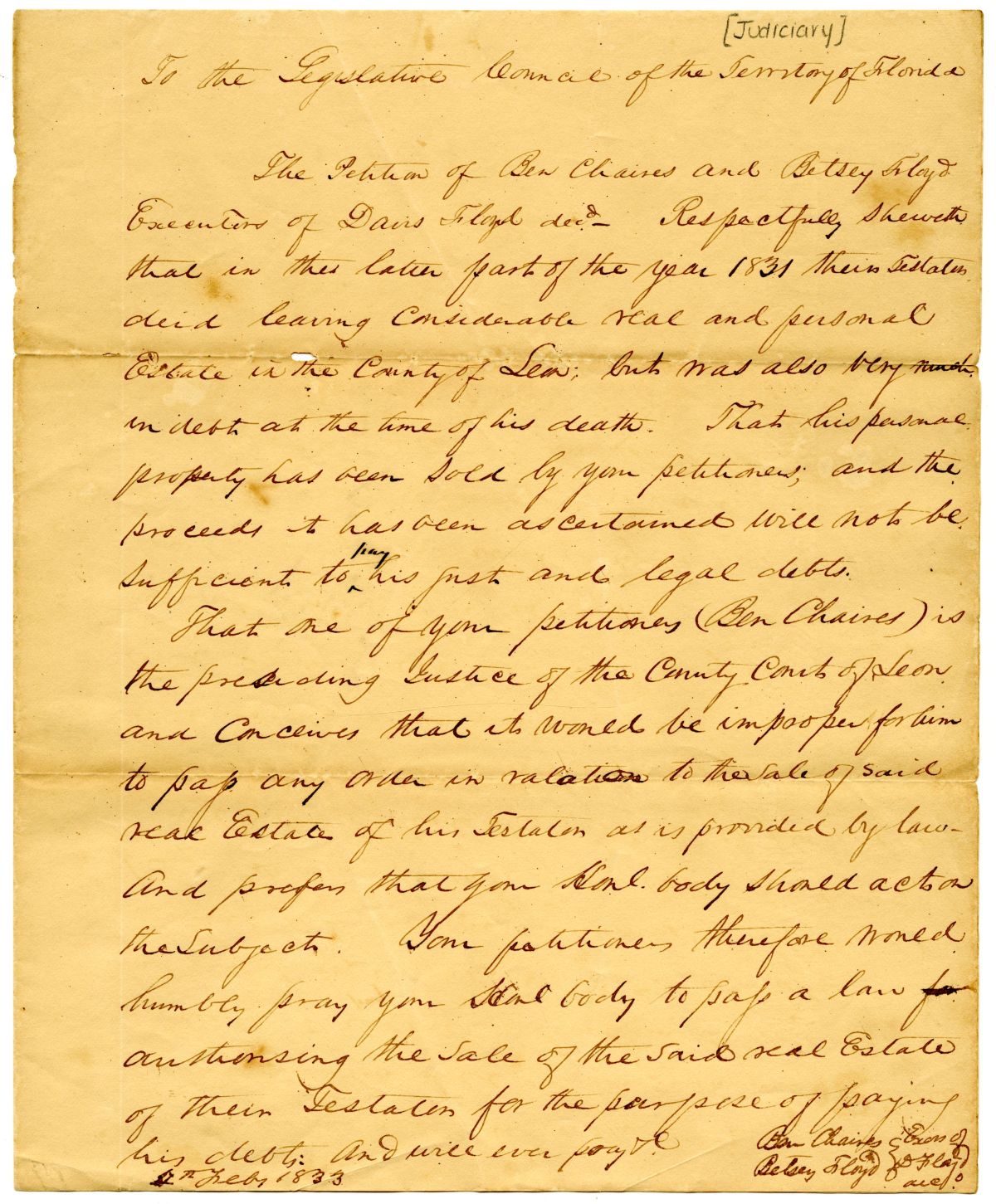 Petition of Benjamin Chaires and Betsey Floyd Requesting to Sell the Real Estate of Davis Floyd, 1833