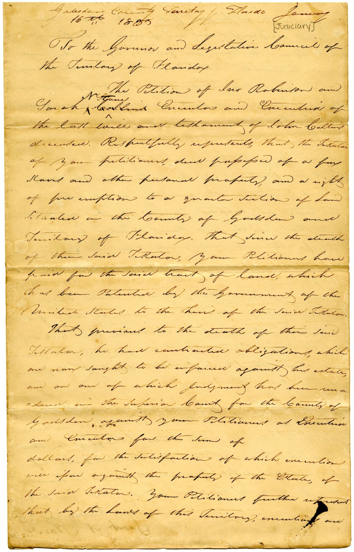 Petition of John Robinson and Sarah Stone Requesting to Sell the Real Estate of John Collins, 1833