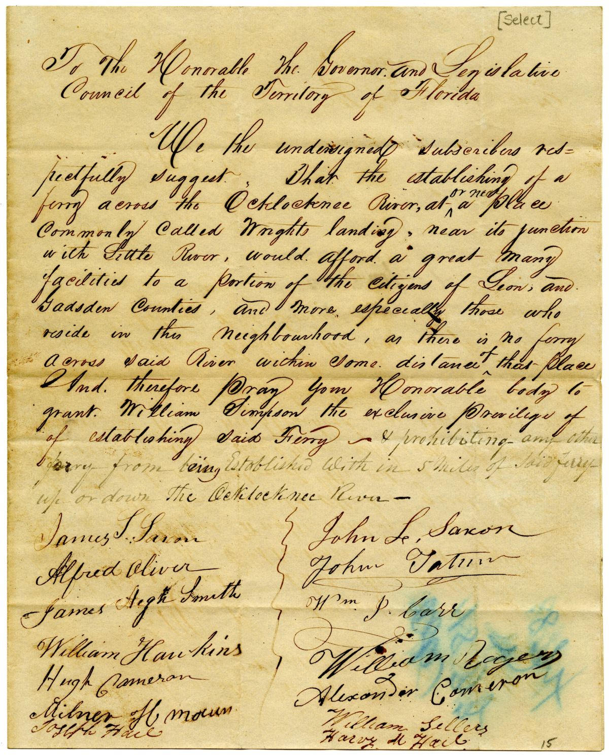 Petition of Citizens Requesting the Establishment of a Ferry on the Ochlockonee River, 1833