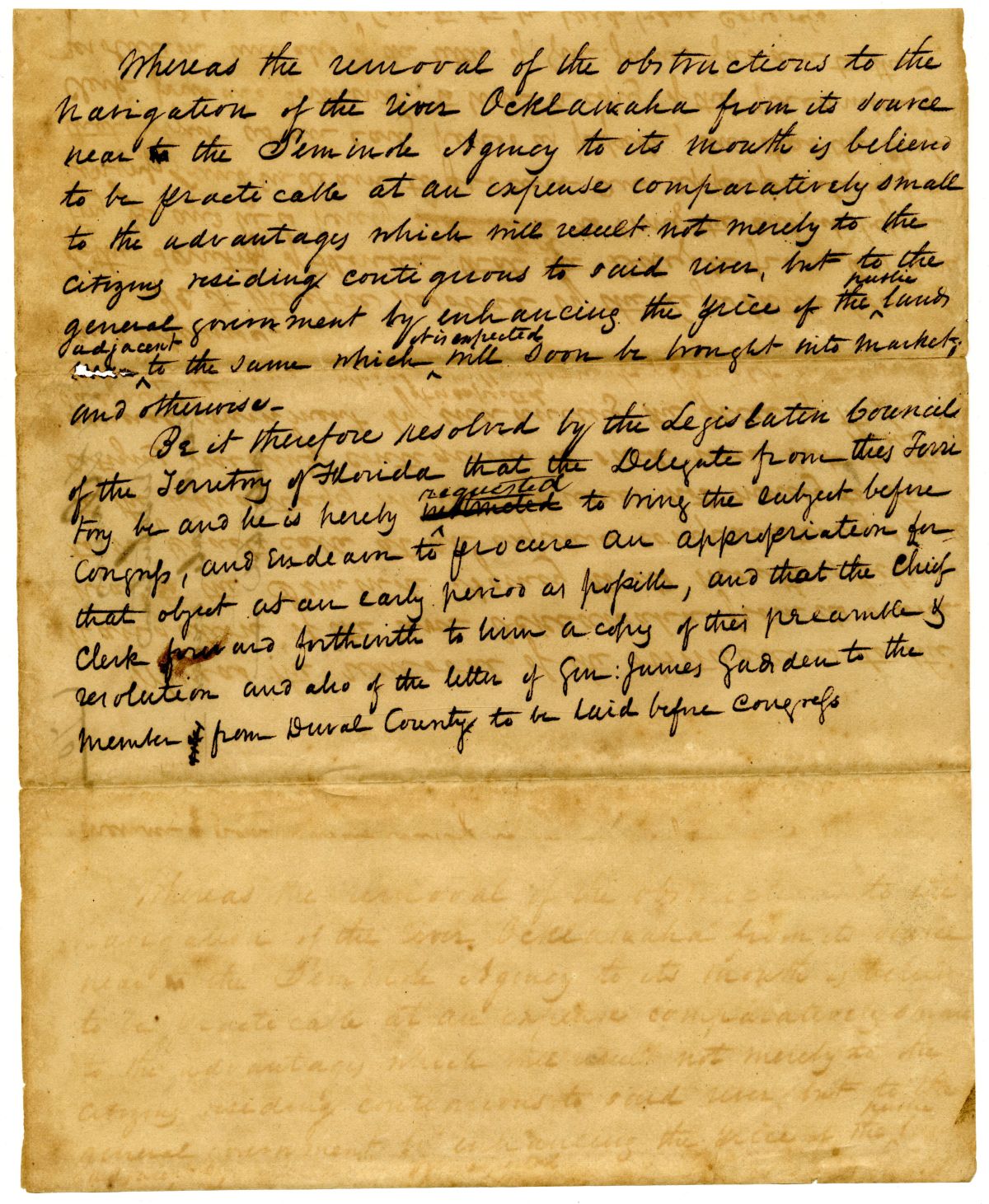 Resolution Instructing the Florida Delegate in Congress to Request Funds for the Clearing of the Ocklawaha River , circa 1833