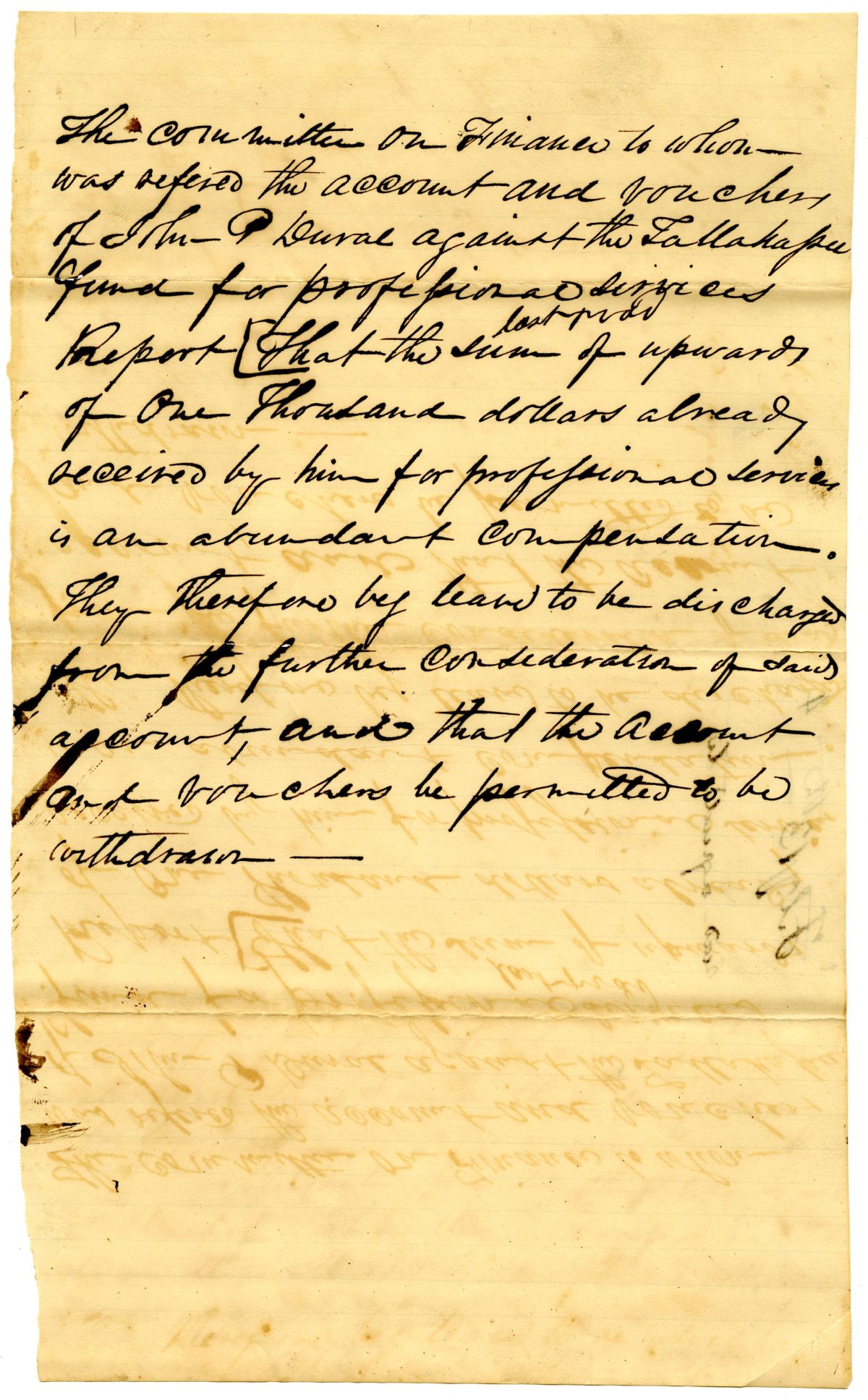 Report of the Committee on Finance Concerning the Account of John P. Duval, circa 1833