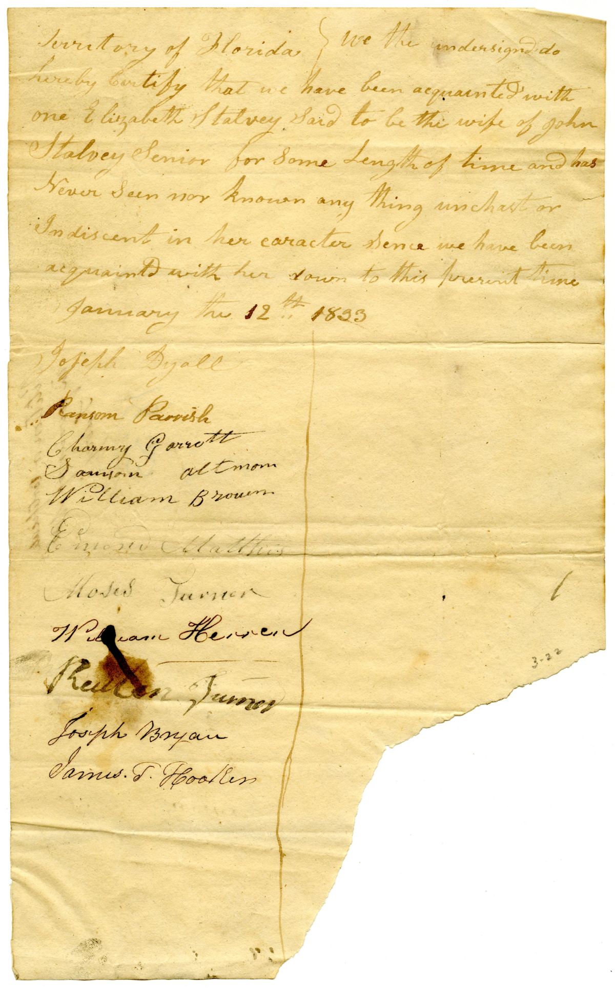 Affidavit of Citizens Attesting to the Good Character of Elizabeth Stalvey, 1833