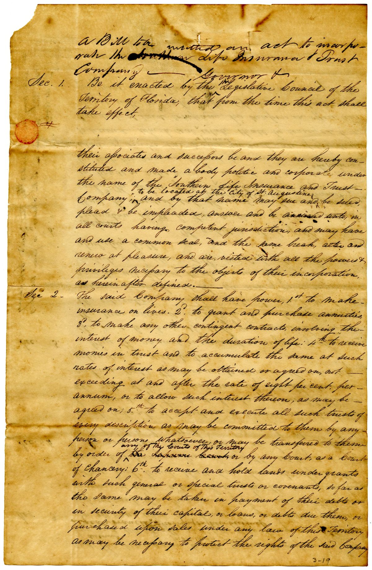 Draft of an Act to Incorporate the Southern Life Insurance and Trust Company, 1833