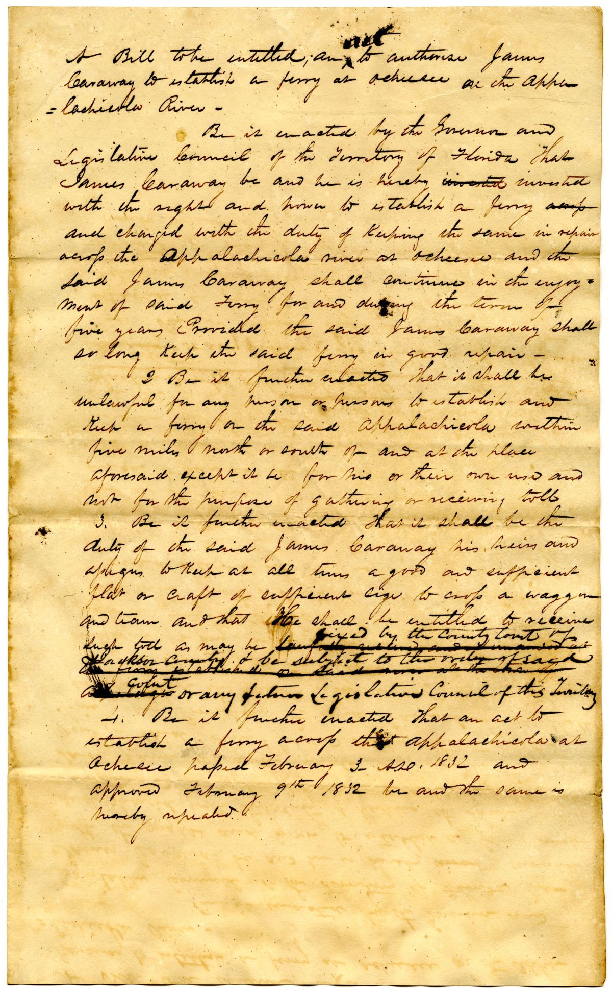 Draft of an Act to Authorize James Caraway to Establish a Ferry at Ocheesee on the Apalachicola River, 1834