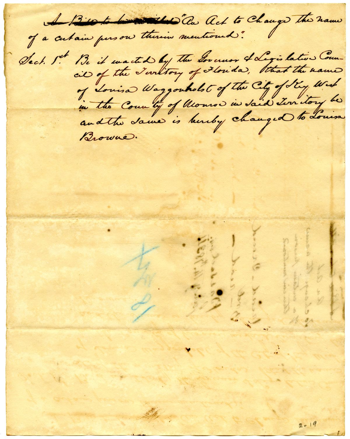 Draft of an Act to Change the Name of Louisa Waggonholst to Louisa Browne, 1834