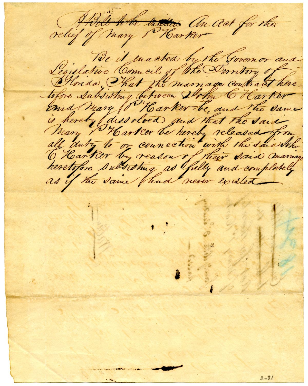 Draft of an Act to Divorce Mary P. Harker from John C. Harker, 1834