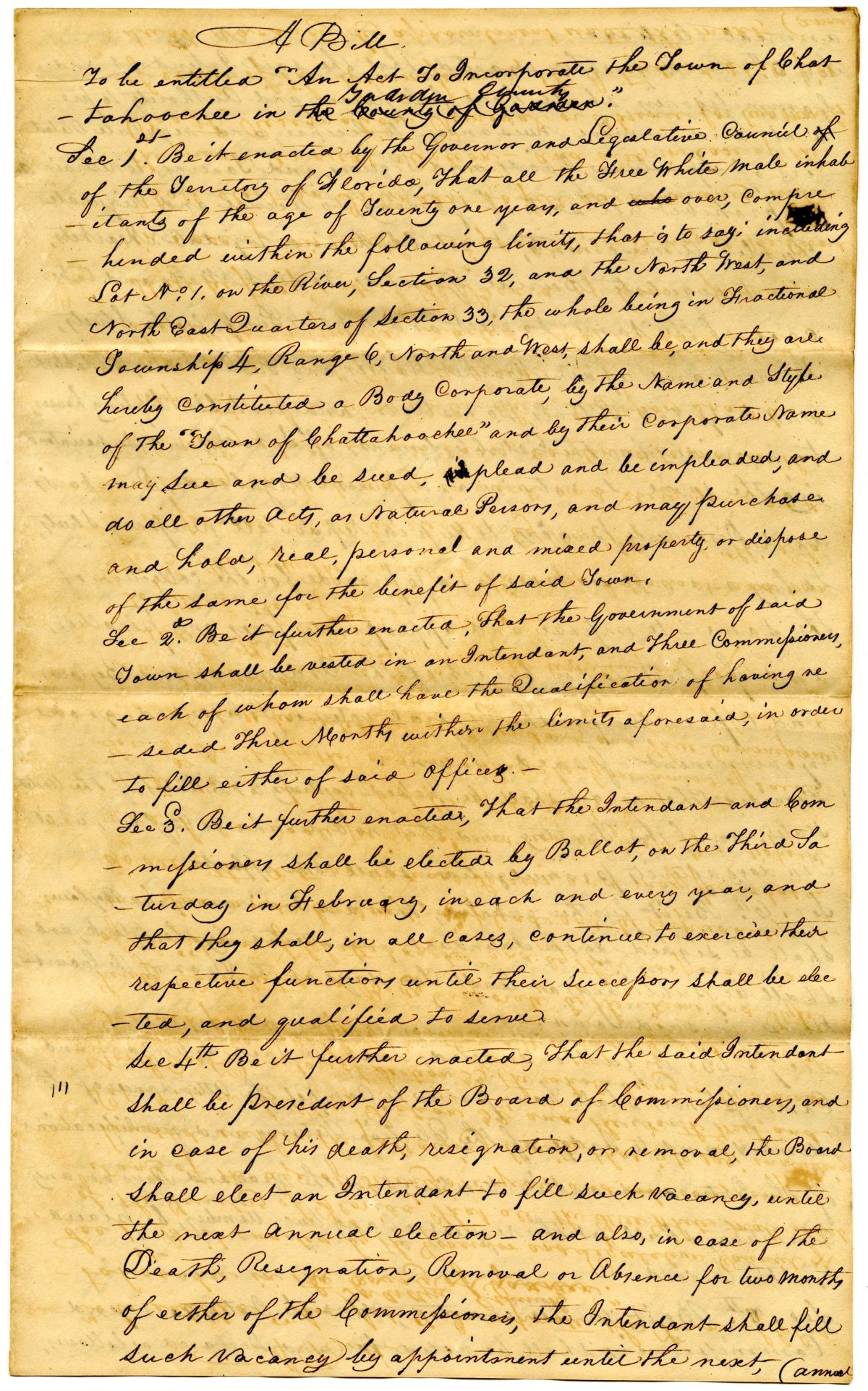 Draft of an Act to Incorporate the Town of Chattahoochee in Gadsden County, 1834