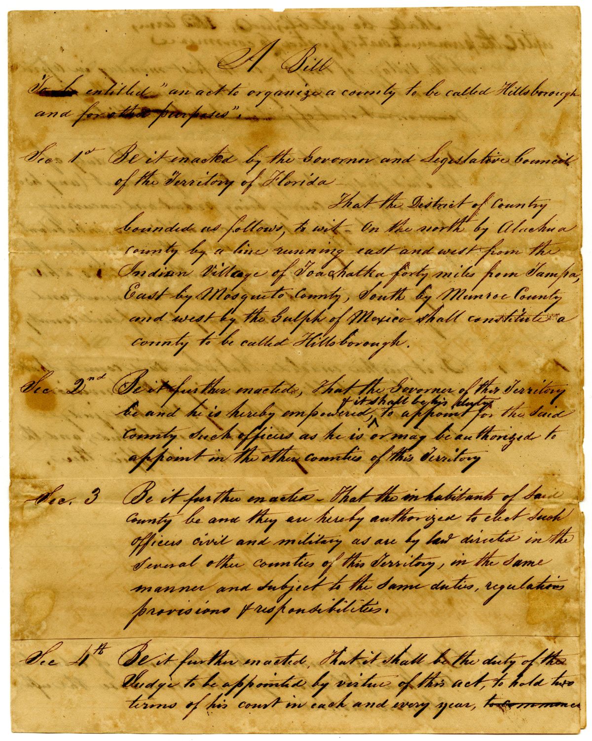 Draft of an Act to Organize a County to Be Called Hillsborough, 1834