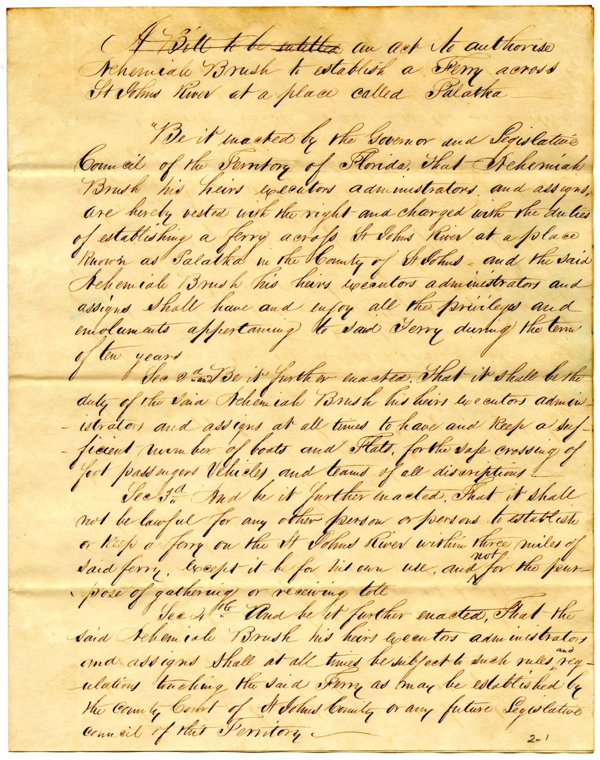 Draft of an Act to Authorize Nehemiah Brush to Establish a Ferry Across the Saint Johns River, 1834