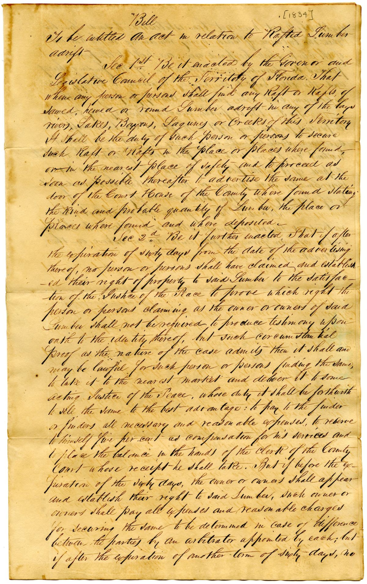 Draft of an Act in Relation to Rafted Lumber Adrift, 1834