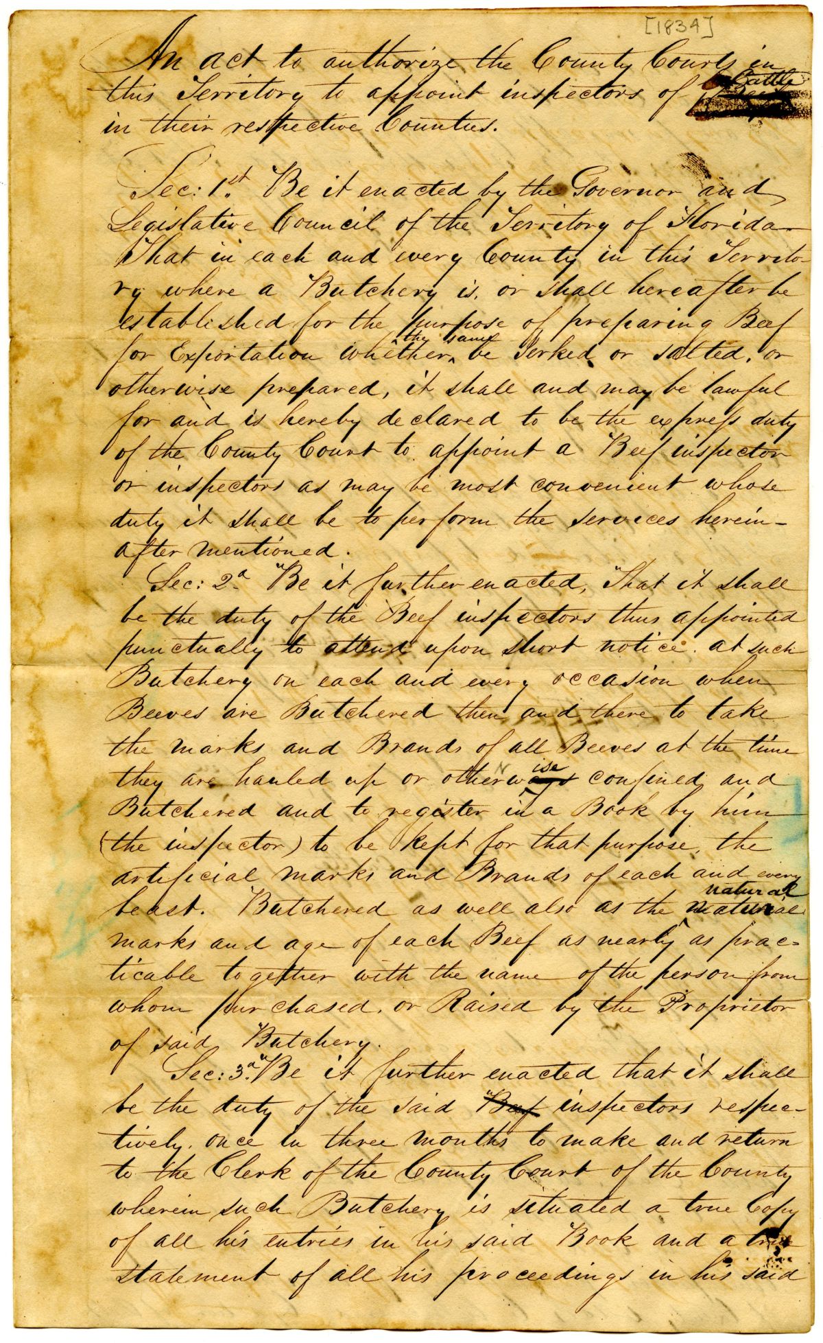 Draft of an Act to Authorize County Courts to Appoint Inspectors of Cattle, 1834