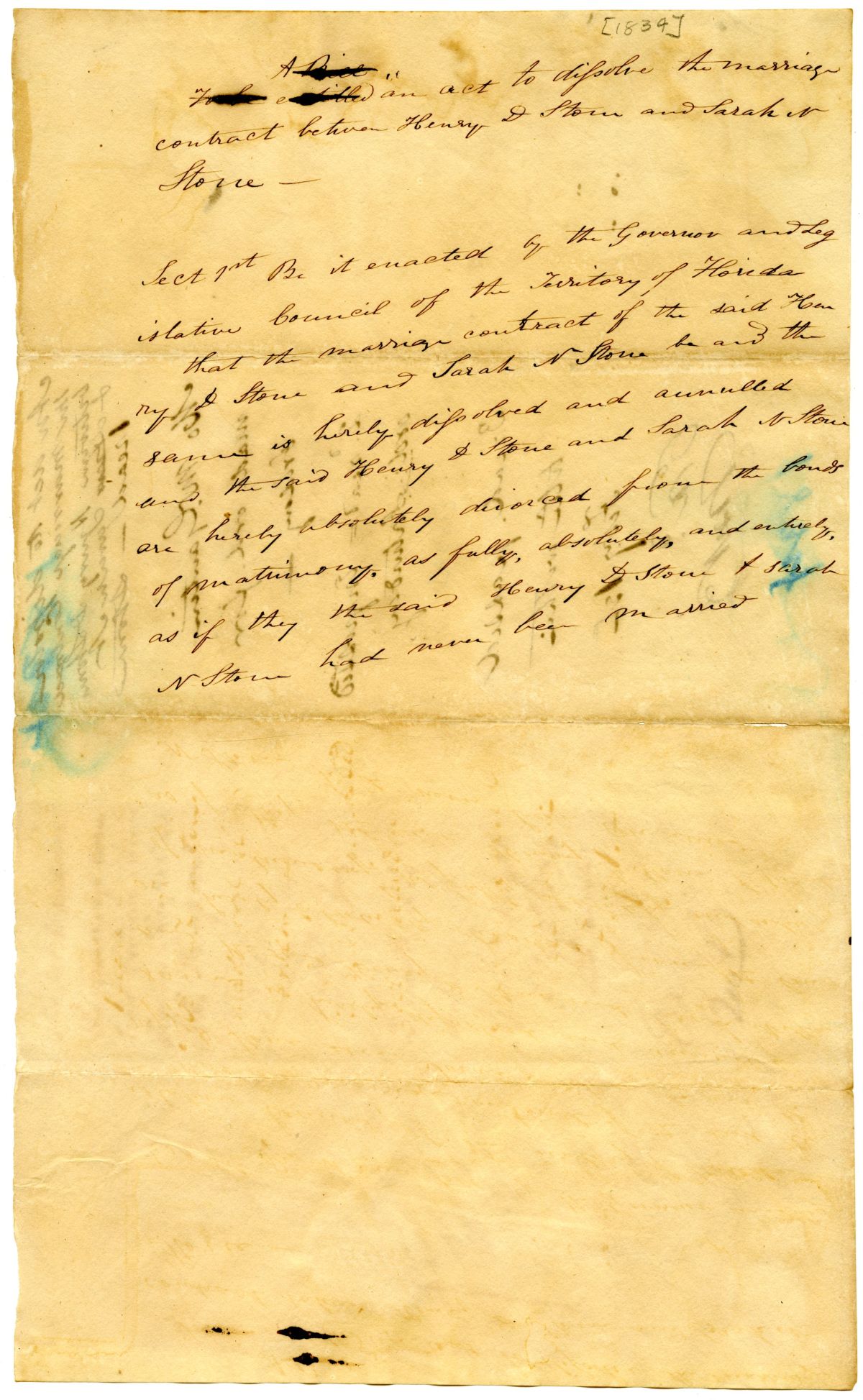 Draft of an Act to Dissolve the Marriage Contract Between Henry D. Stone and Sarah N. Stone, circa 1834