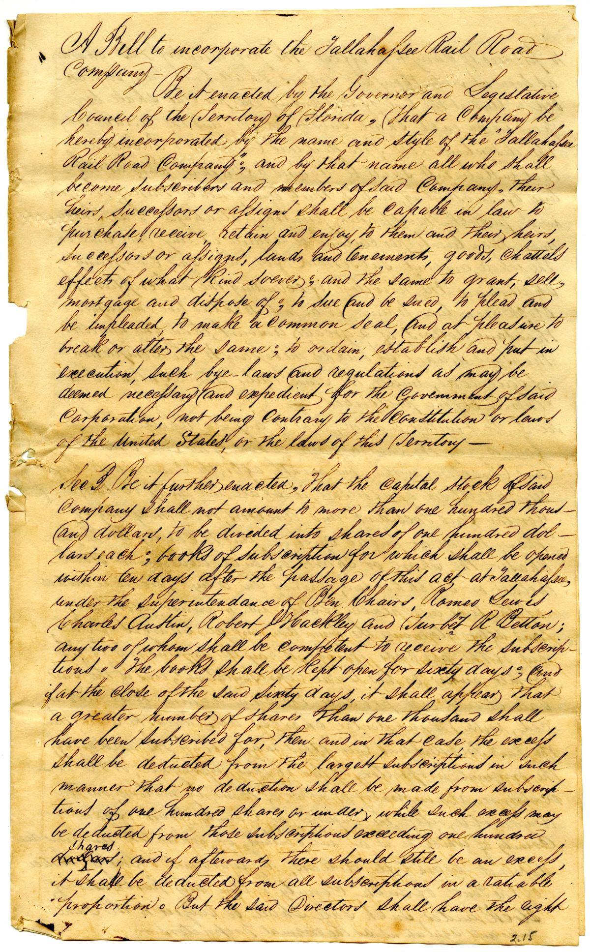 Draft of an Act to Incorporate the Tallahassee Railroad Company, 1834