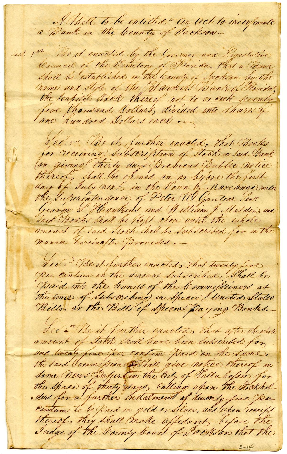 Draft of an Act to Incorporate the Farmers Bank of Florida in Jackson County, 1834