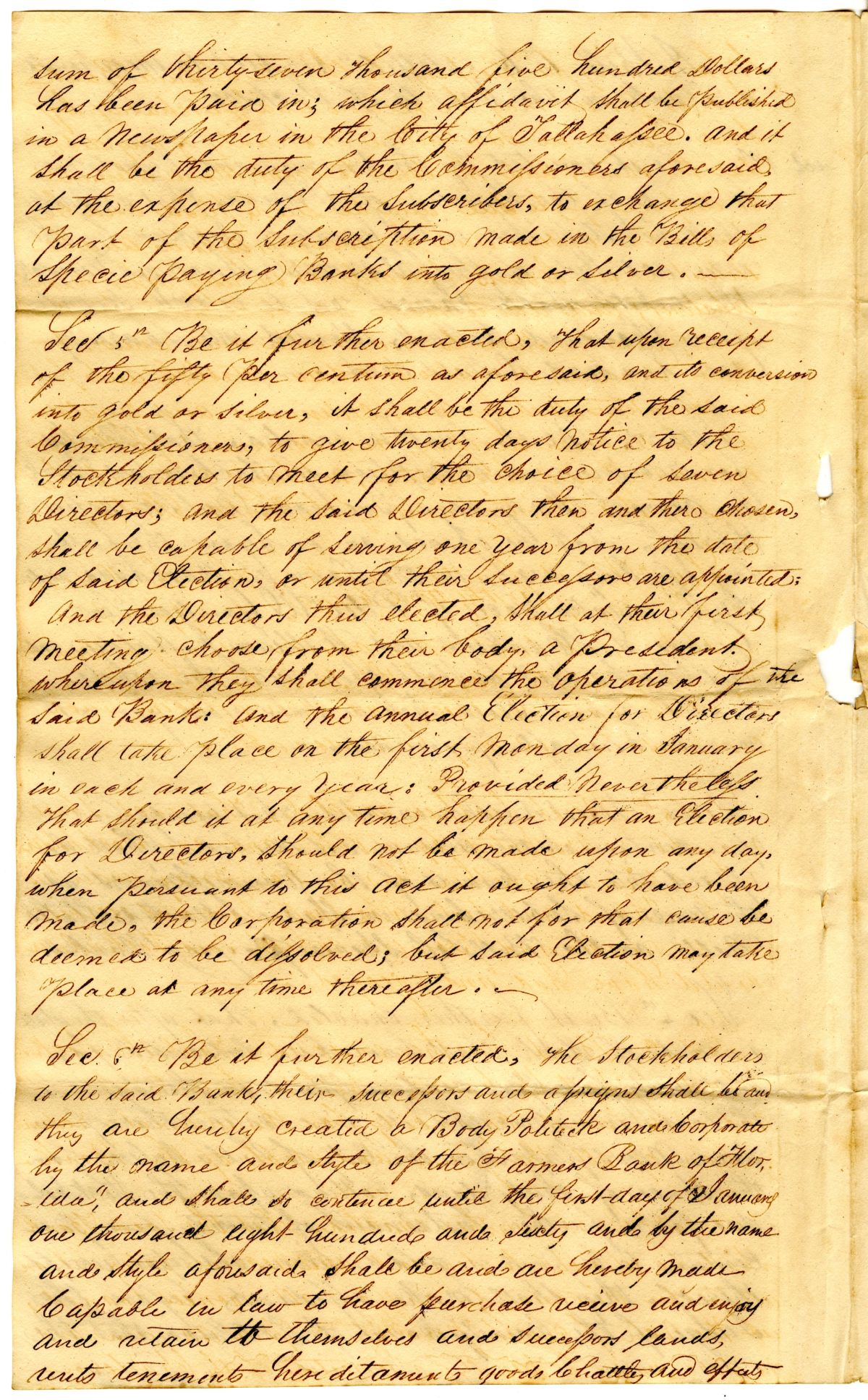 Draft of an Act to Incorporate the Farmers Bank of Florida in Jackson County, 1834