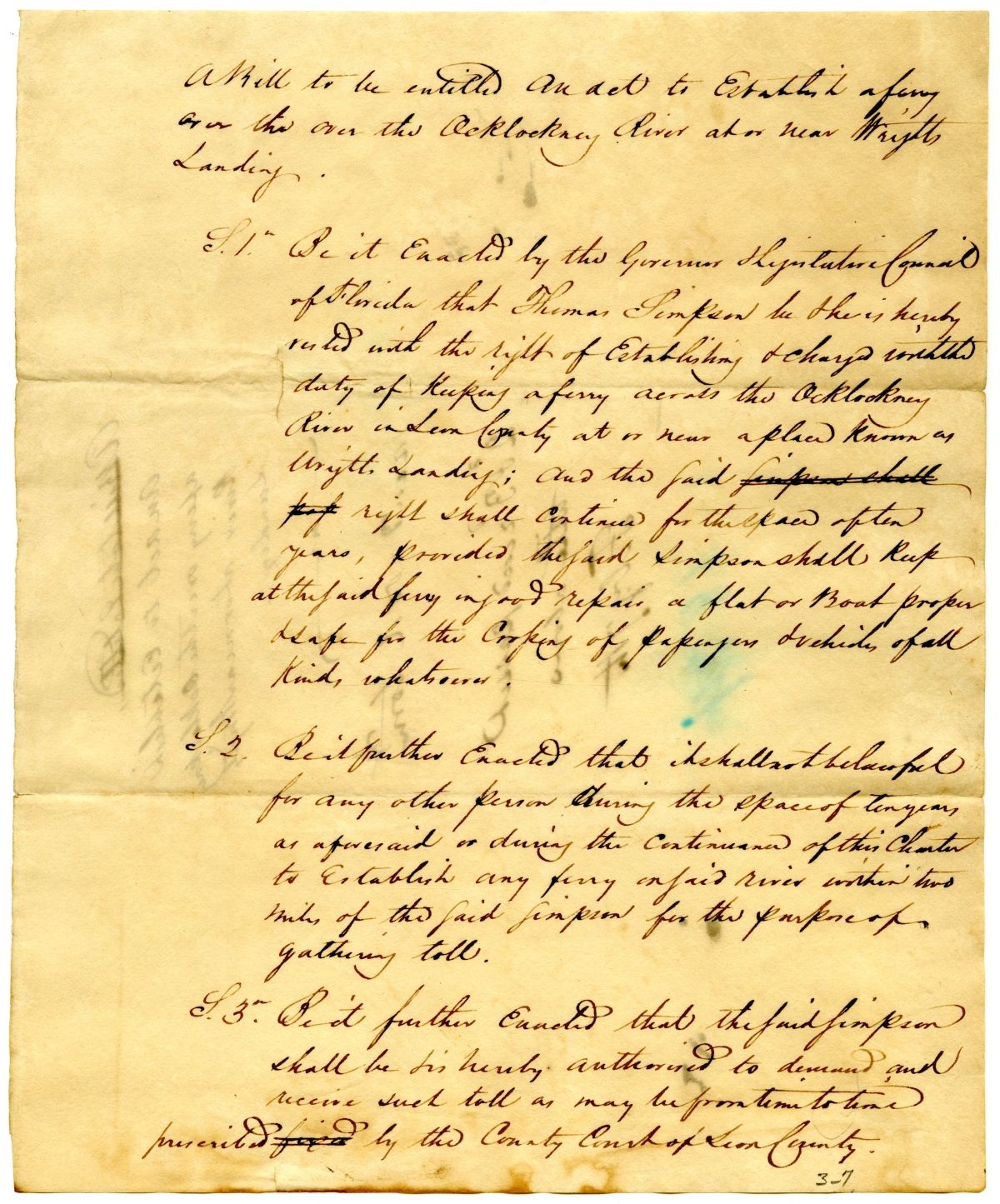 Draft of an Act to Establish a Ferry Across the Ochlockonee River at or near Wright's Landing, 1834