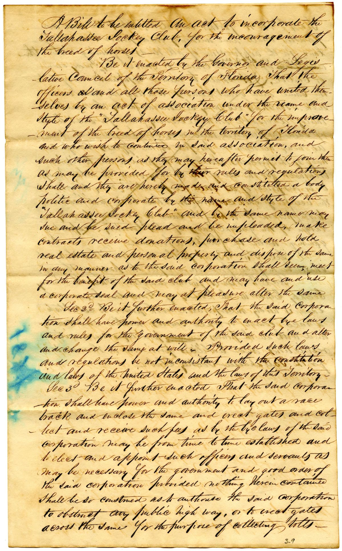 Draft of an Act to Incorporate the Tallahassee Jockey Club, 1834