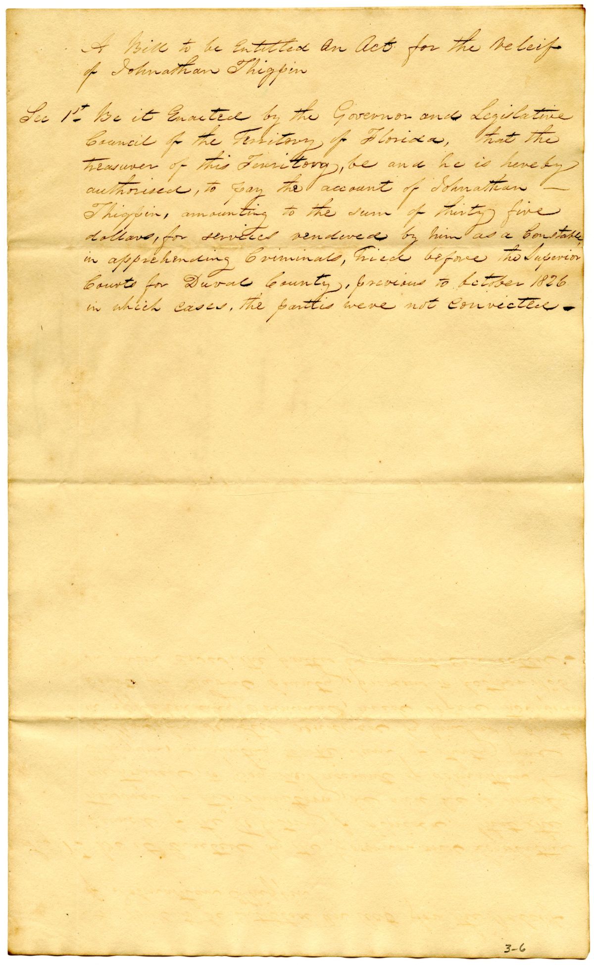 Draft of an Act for the Relief of Jonathan Thigpin, 1834