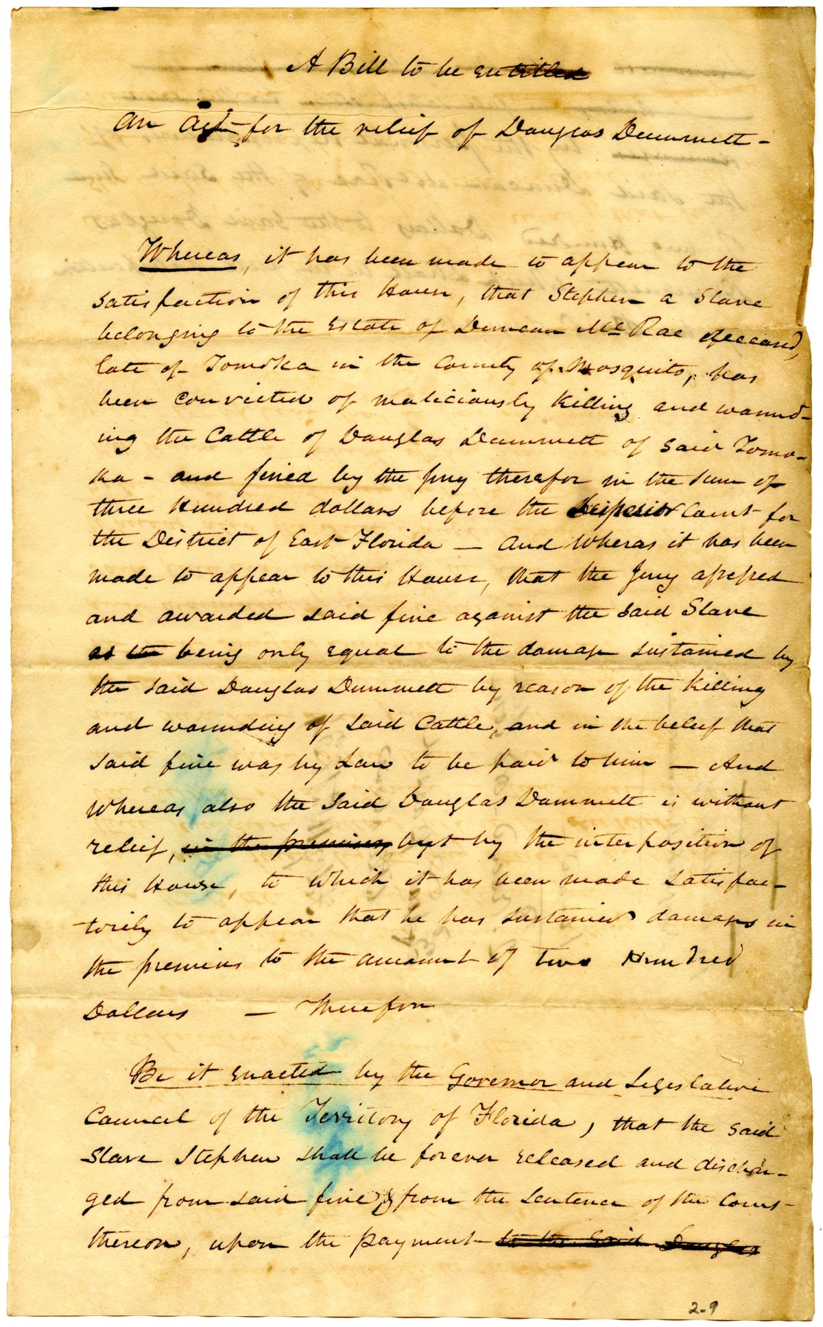 Draft of an Act for the Relief of Douglass Dummett, 1834