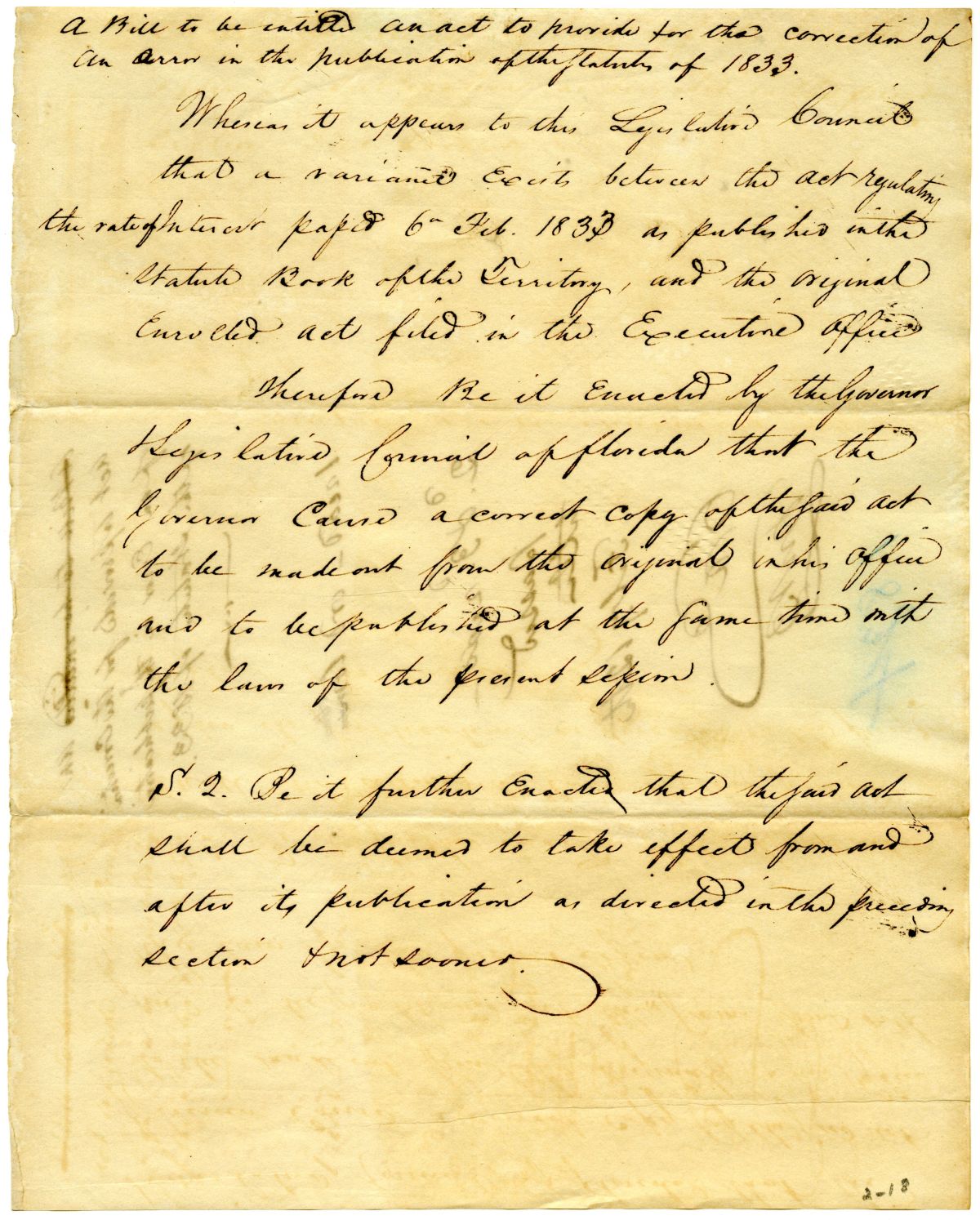 Draft of an Act to Correct an Error in the Publication of the Statutes of 1833, 1834