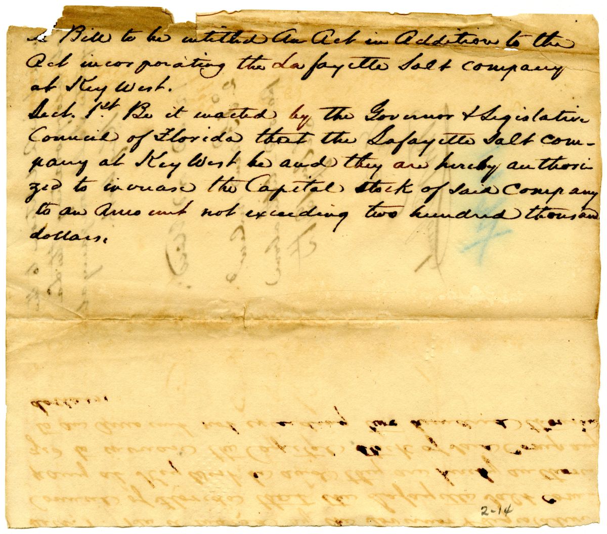 Draft of an Act in Addition to the Act Incorporating the Lafayette Salt Company, 1834