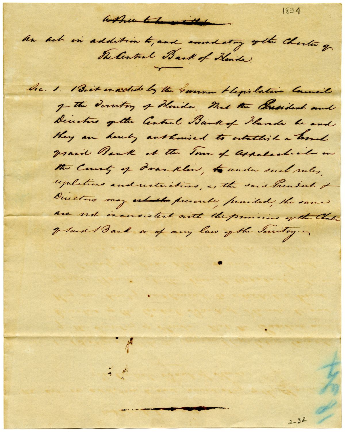 Draft of an Act in Addition and Amendatory to the Charter of the Central Bank of Florida, 1834