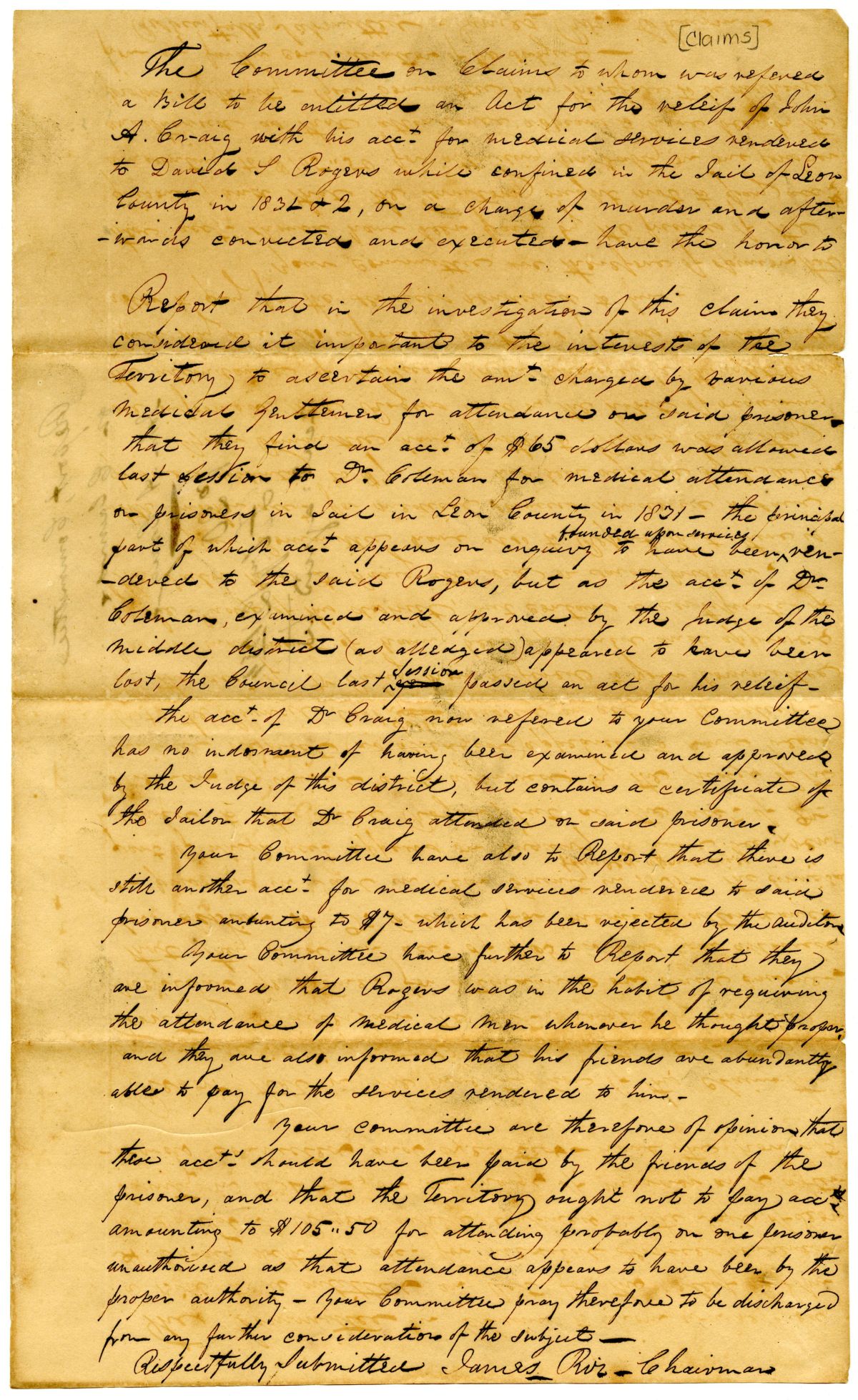 Report of the Committee on Claims Concerning an Act for the Relief of John A. Craig, 1834