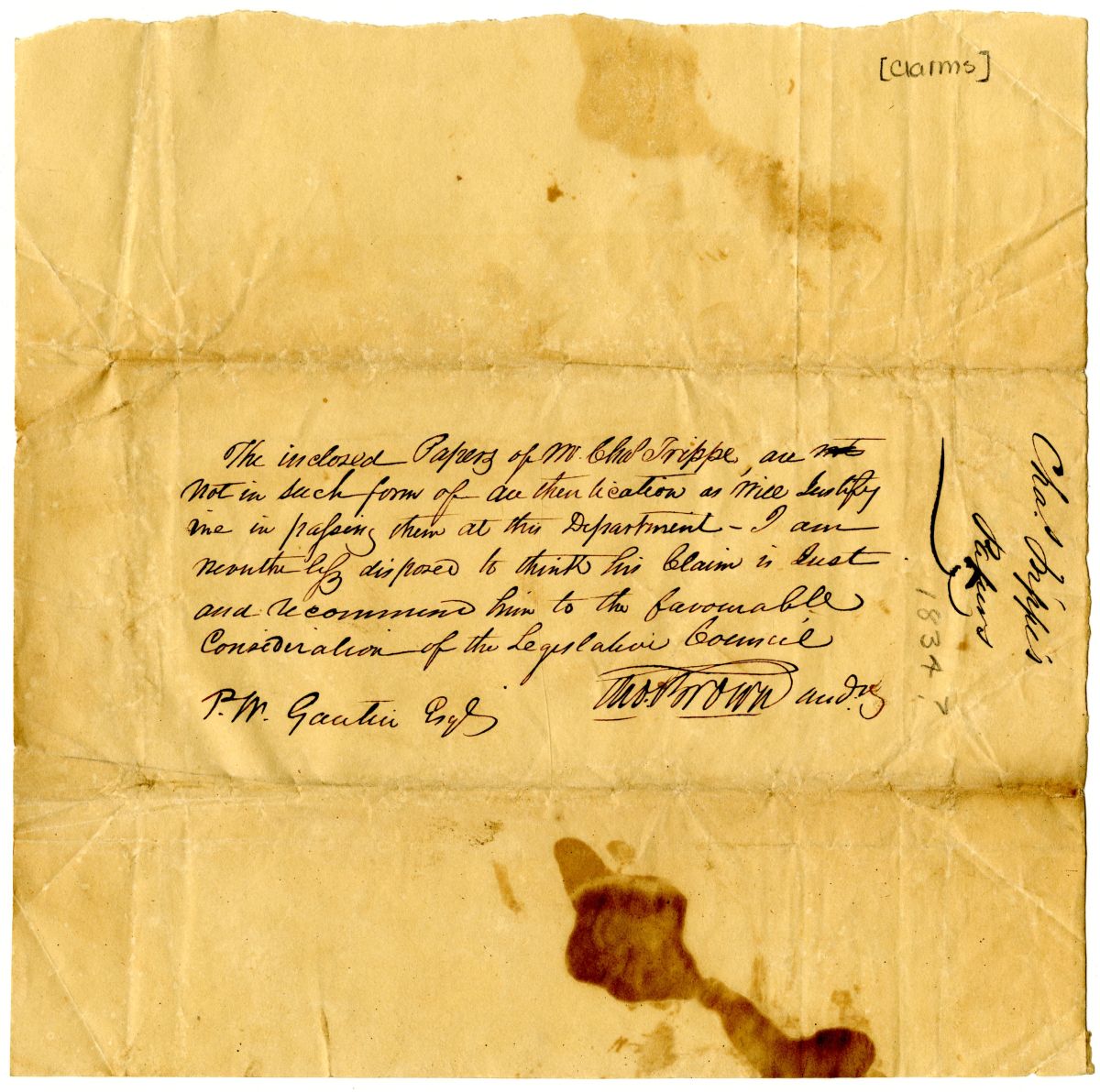 Letter from the Territorial Auditor Concerning the Claim of Charles Trippe with Relevant Documents, 1834